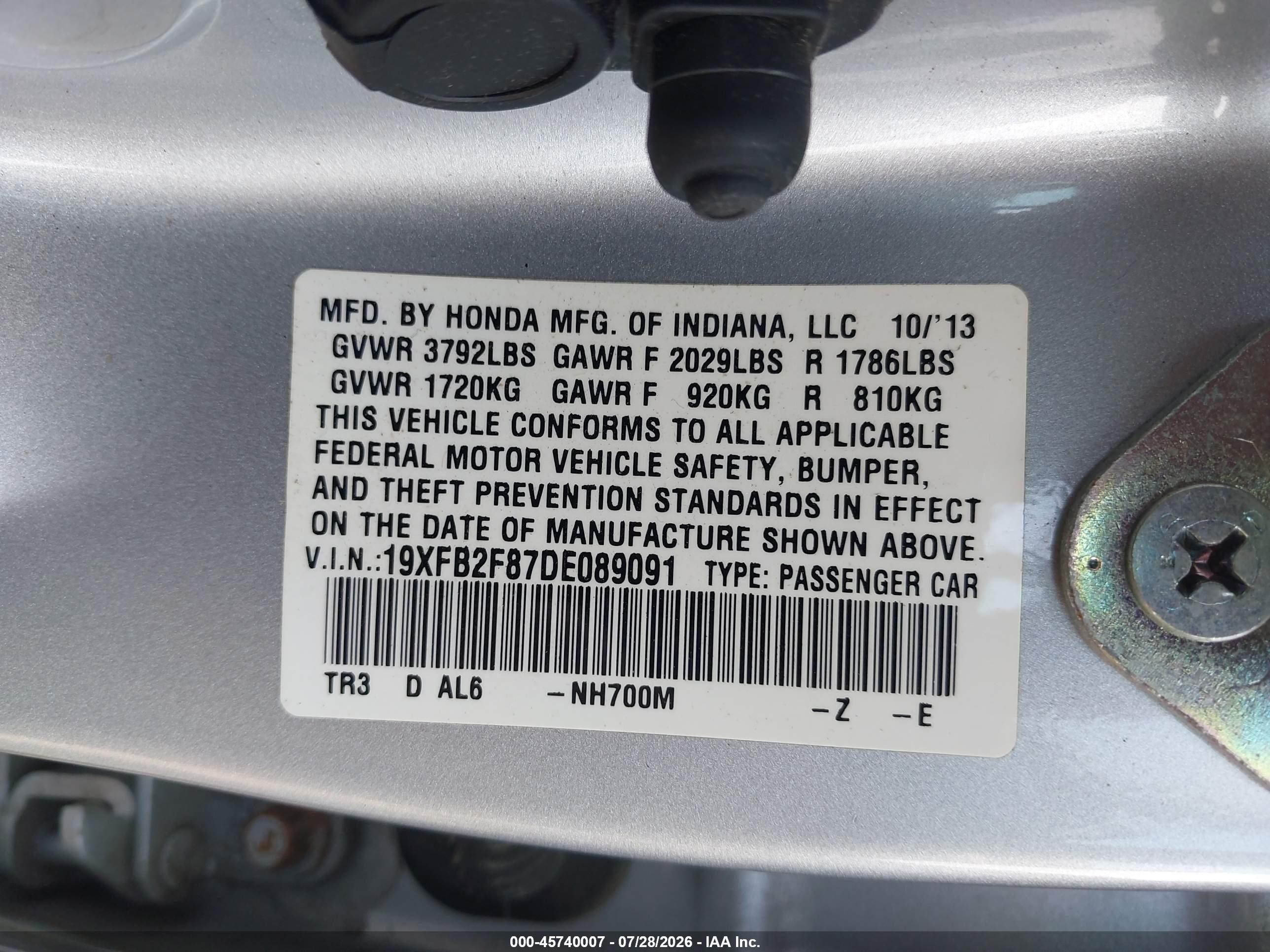 2013 Honda Civic Ex Silver vin: 19XFB2F87DE089091