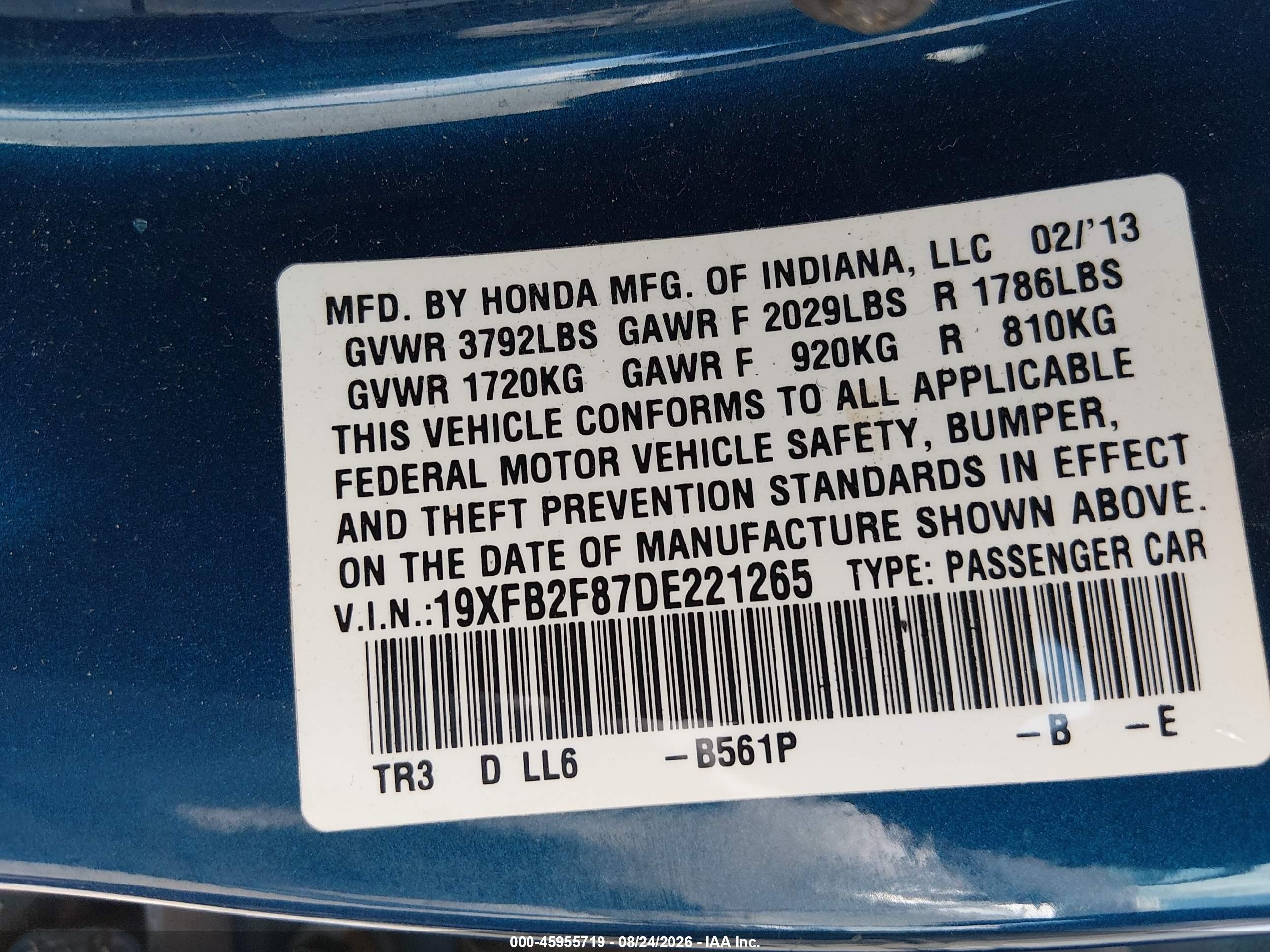 2013 Honda Civic Ex Blue vin: 19XFB2F87DE221265