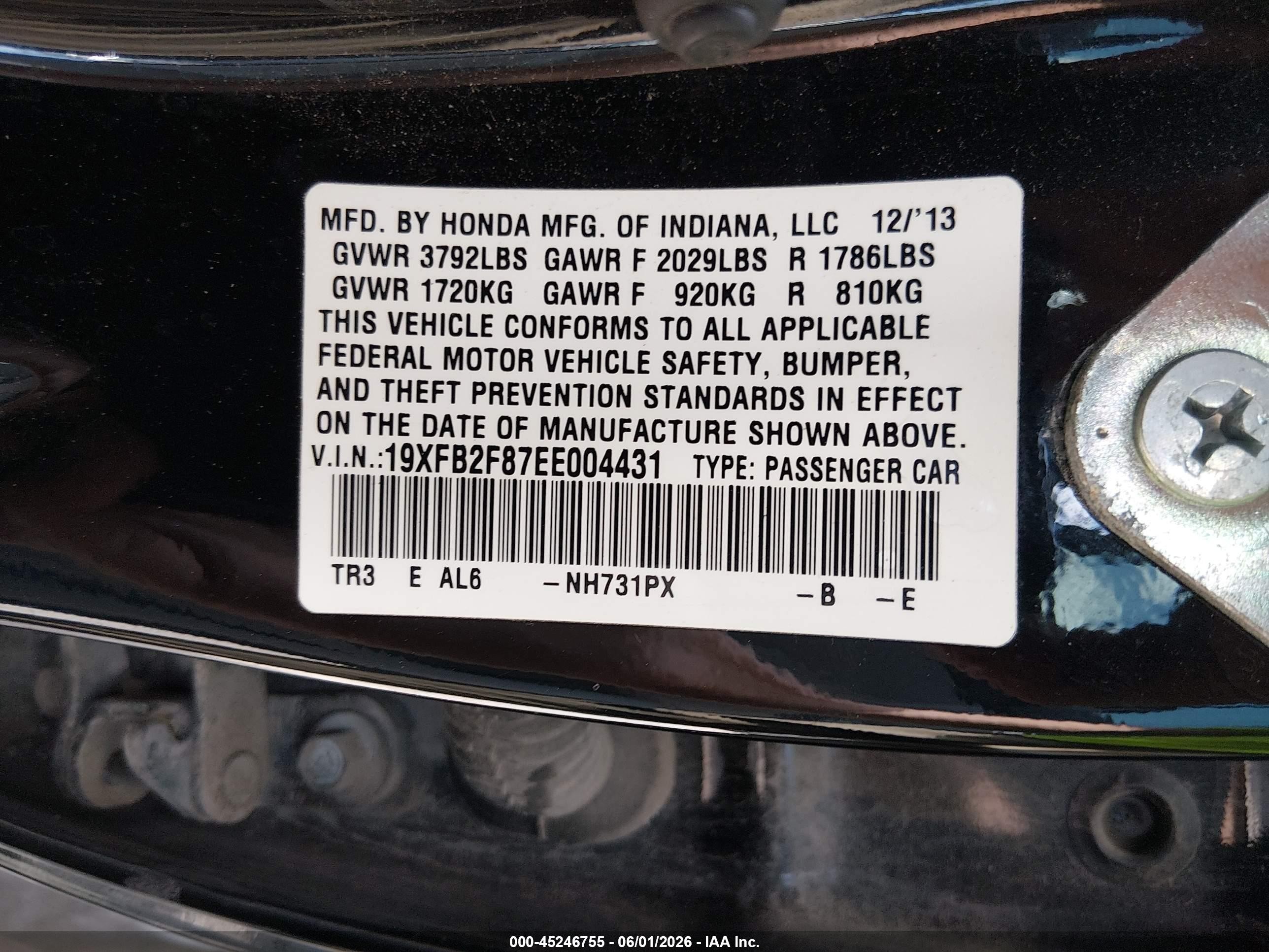 2014 Honda Civic Ex Black vin: 19XFB2F87EE004431