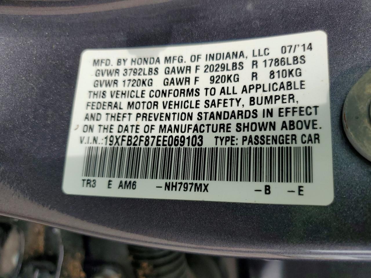 2014 Honda Civic Ex Gray vin: 19XFB2F87EE069103
