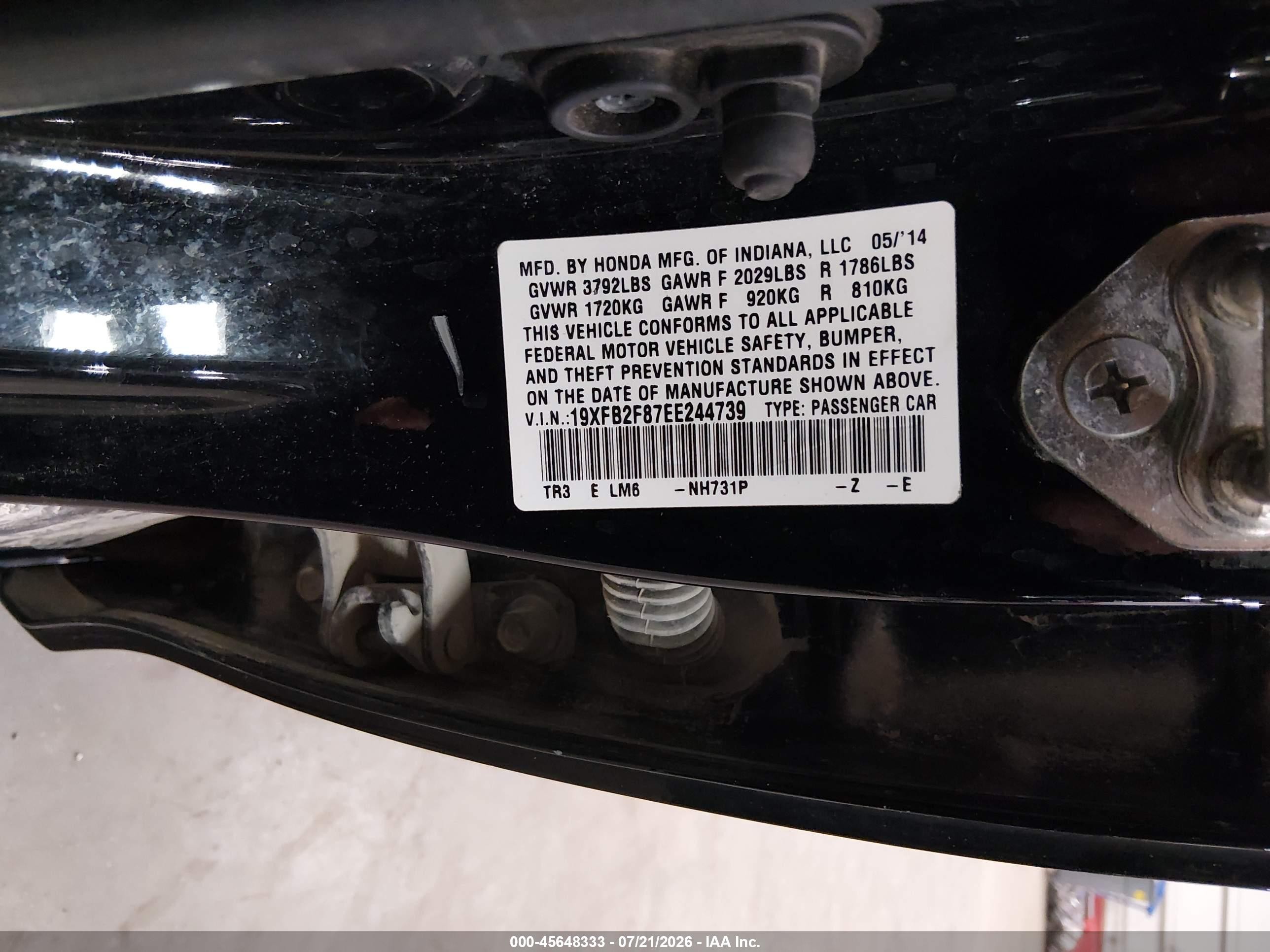2014 Honda Civic Ex Черный vin: 19XFB2F87EE244739
