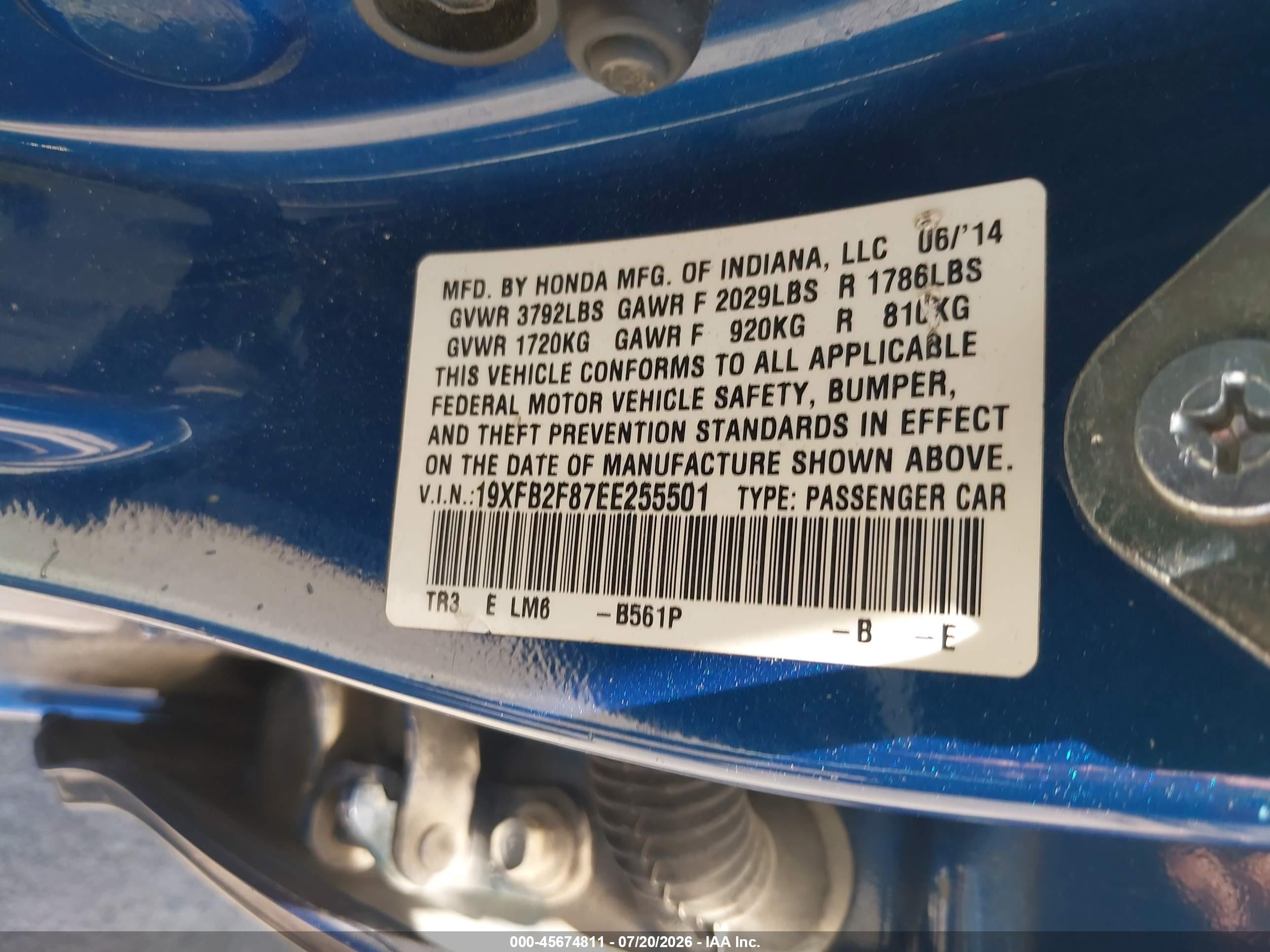 2014 Honda Civic Ex Blue vin: 19XFB2F87EE255501