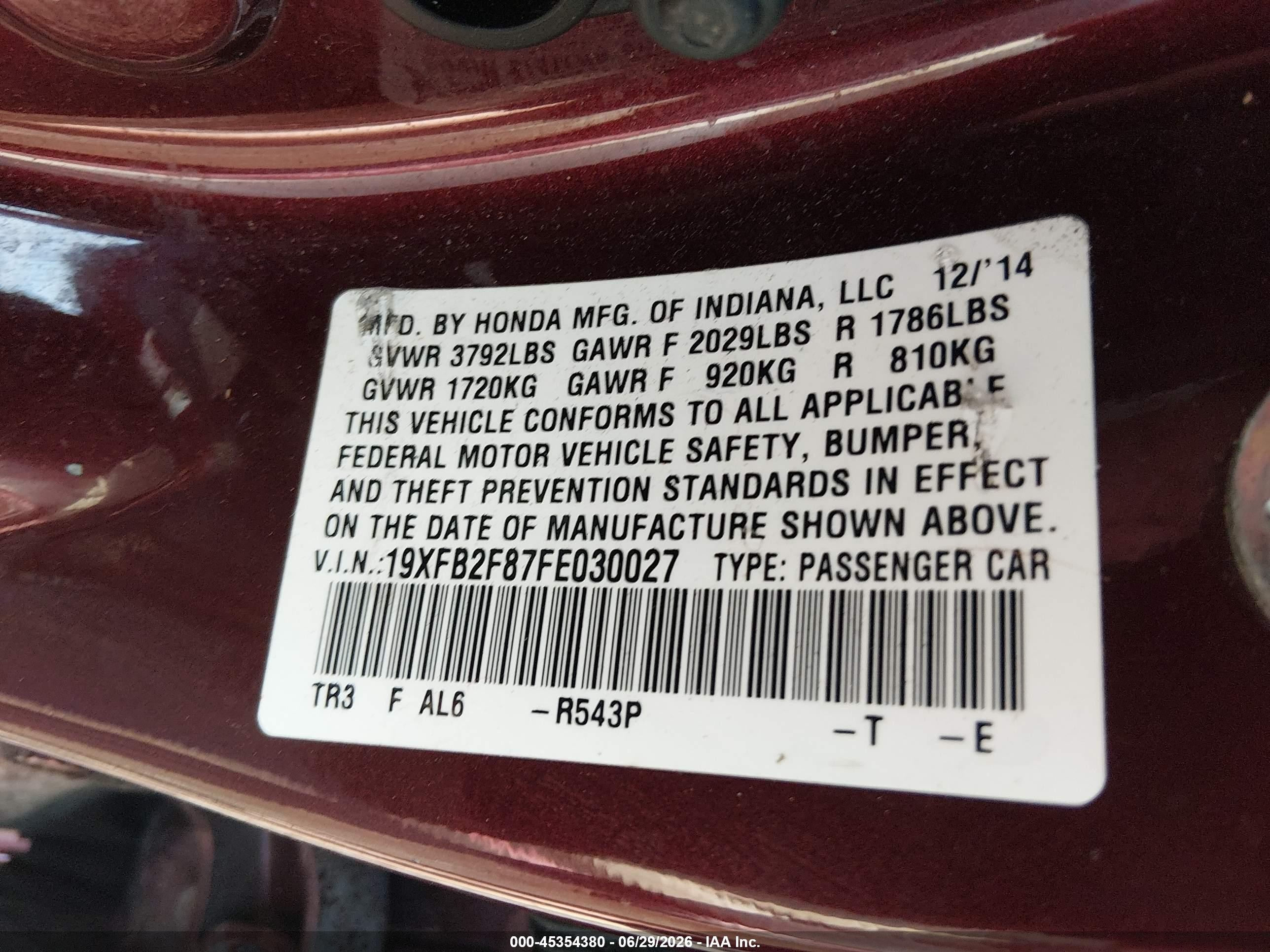 2015 Honda Civic Ex Burgundy vin: 19XFB2F87FE030027