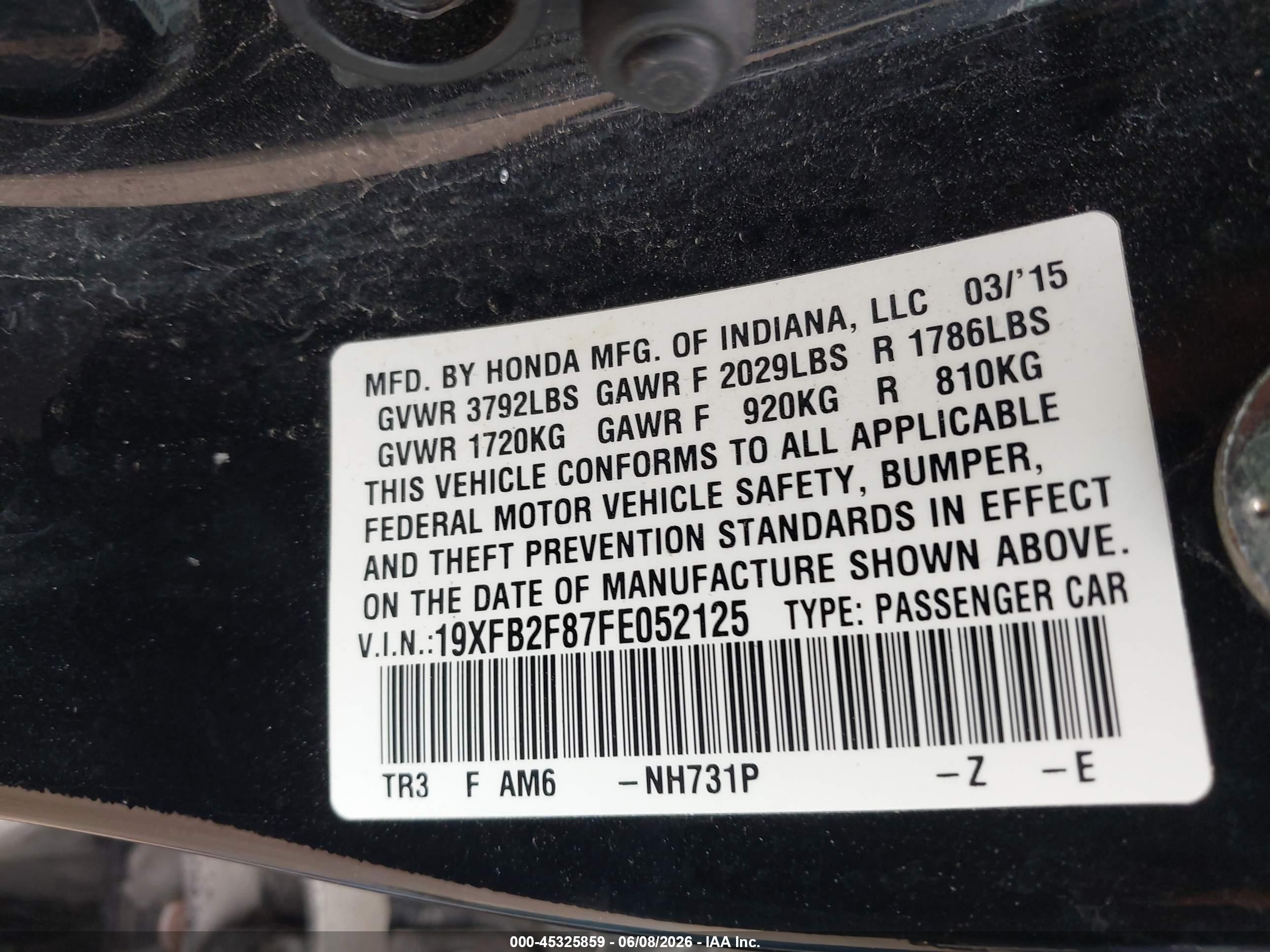 2015 Honda Civic Ex Черный vin: 19XFB2F87FE052125