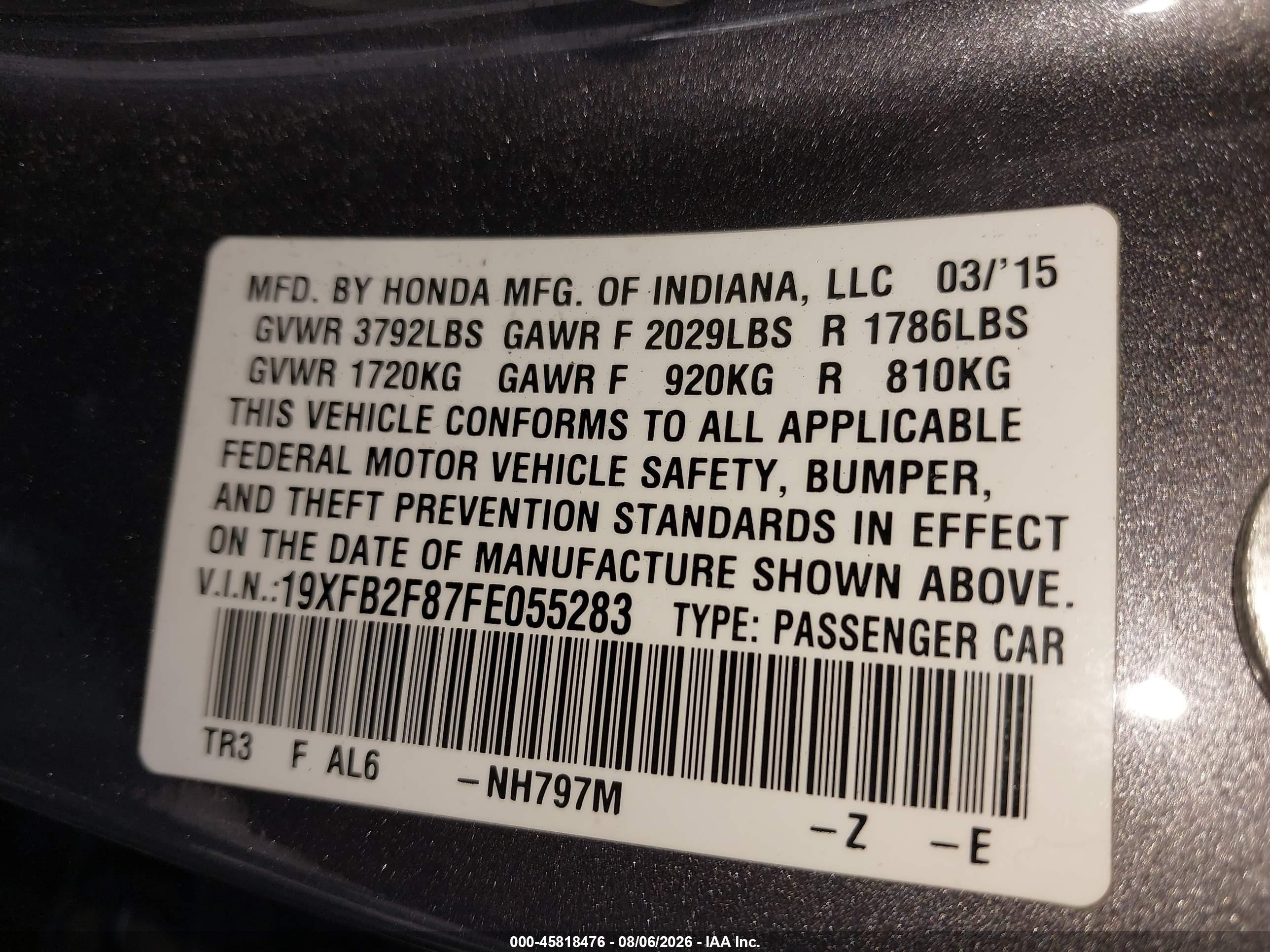2015 Honda Civic Ex Gray vin: 19XFB2F87FE055283