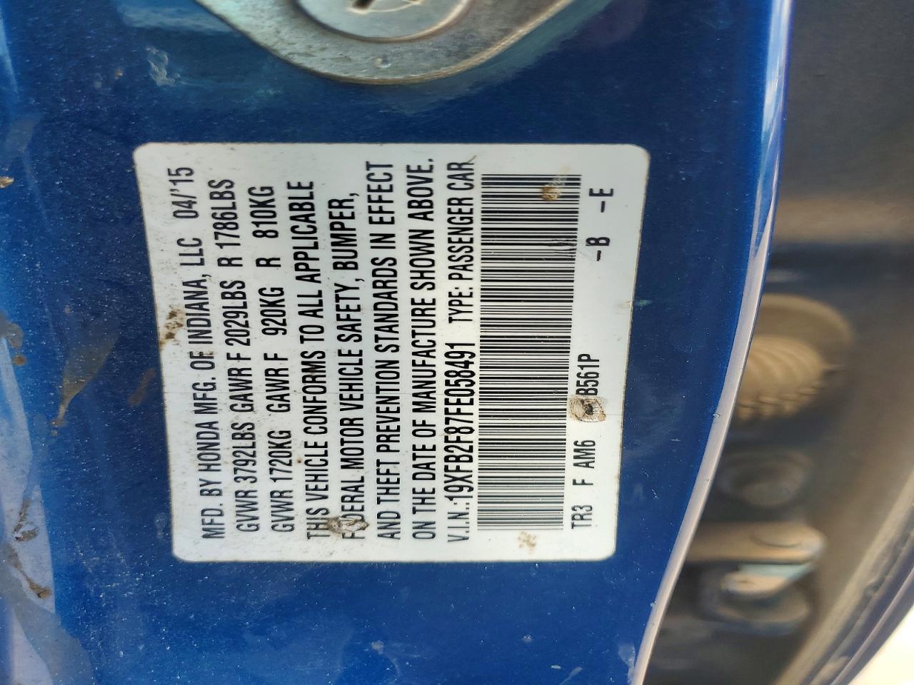 2015 Honda Civic Ex Blue vin: 19XFB2F87FE058491