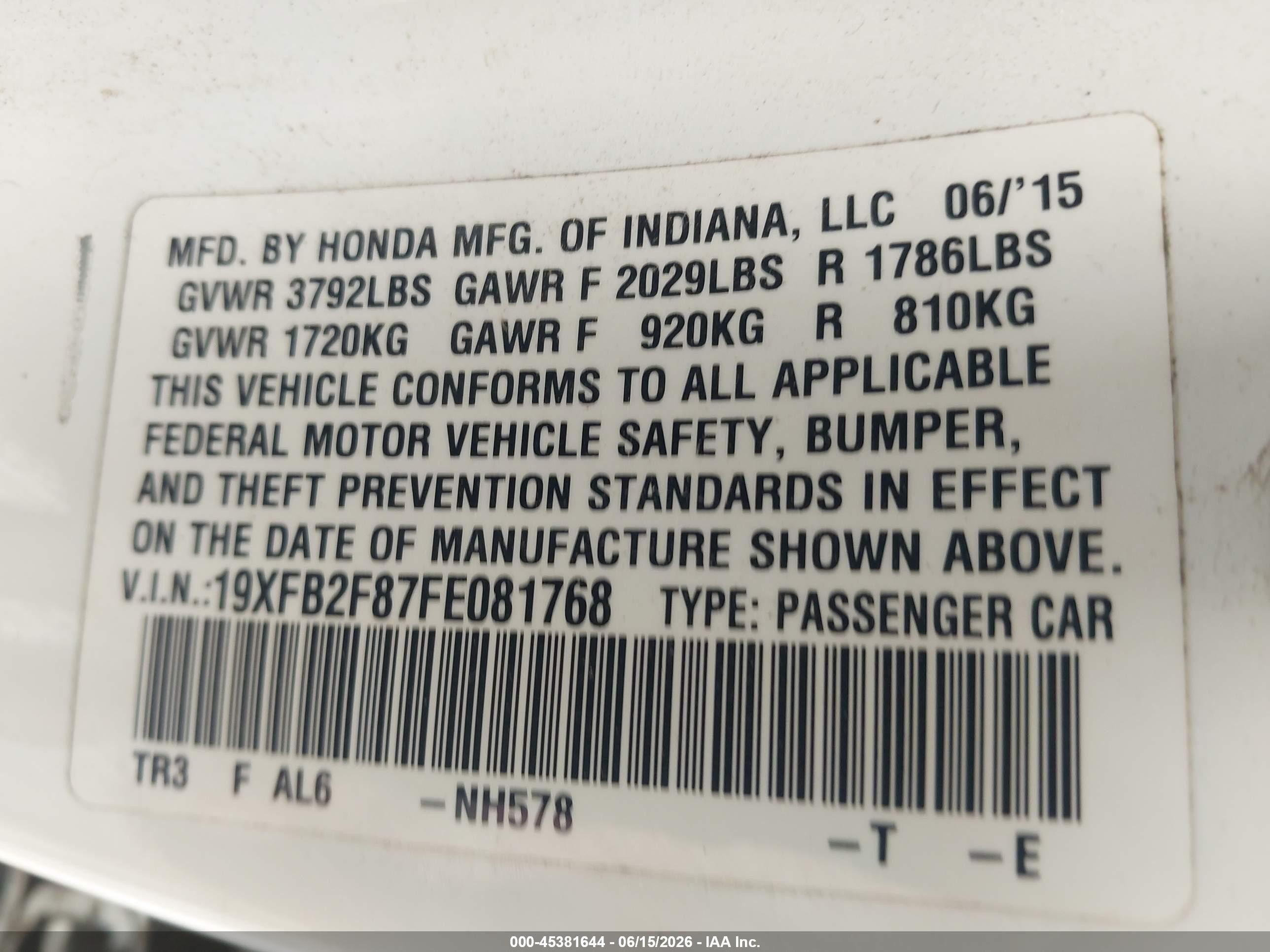 2015 Honda Civic Ex White vin: 19XFB2F87FE081768