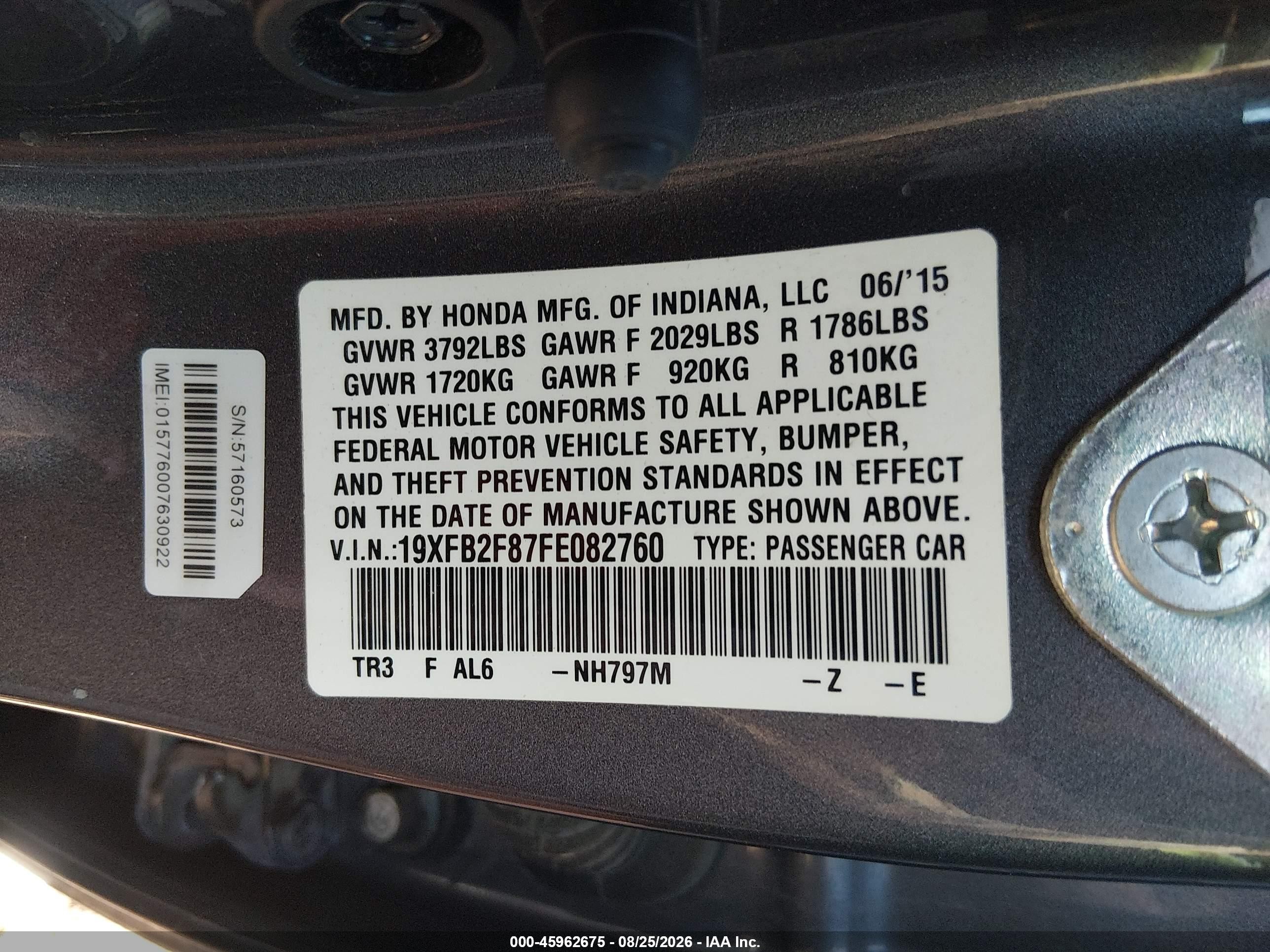 2015 Honda Civic Ex Gray vin: 19XFB2F87FE082760