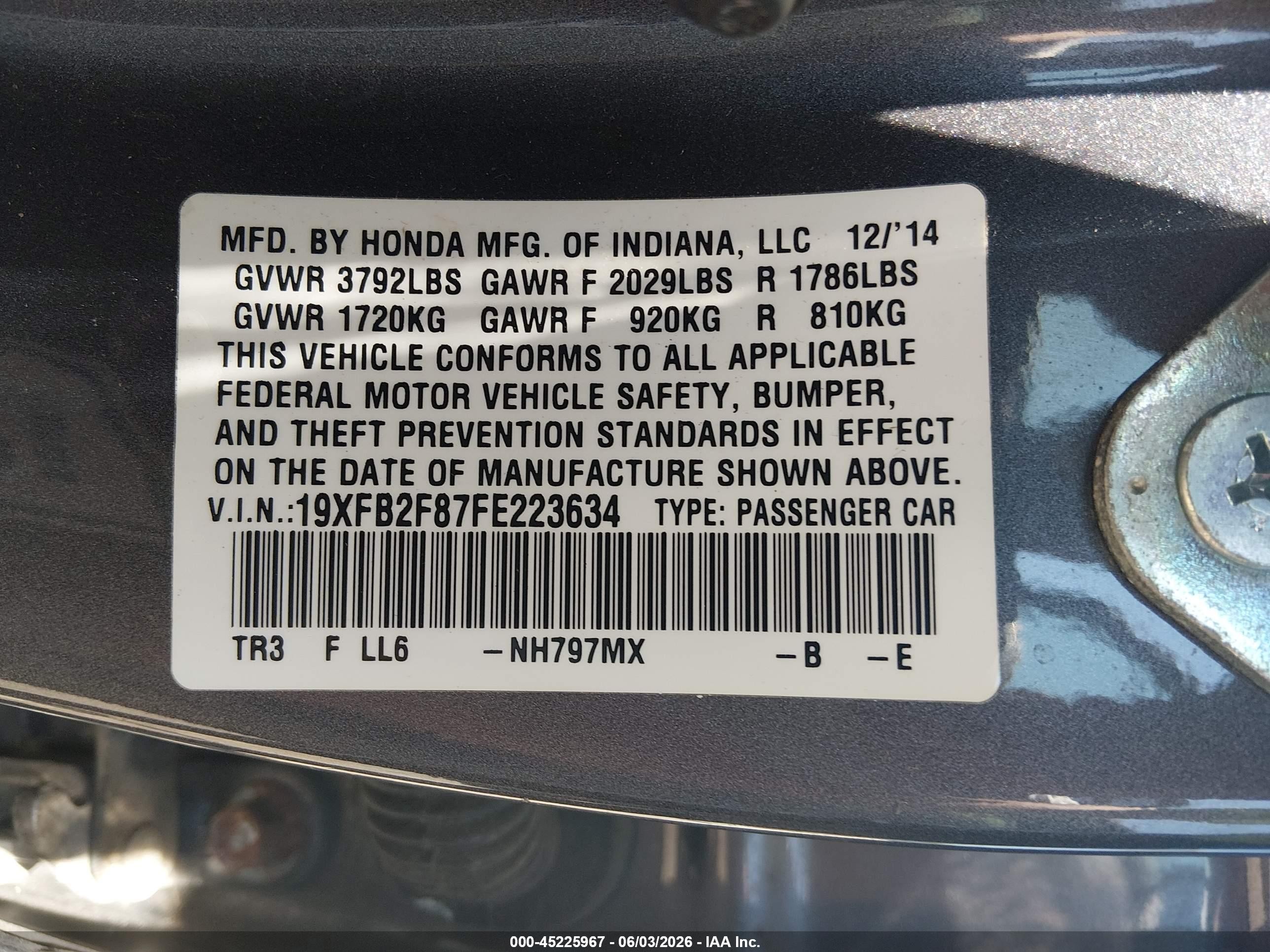 2015 Honda Civic Ex Серый vin: 19XFB2F87FE223634