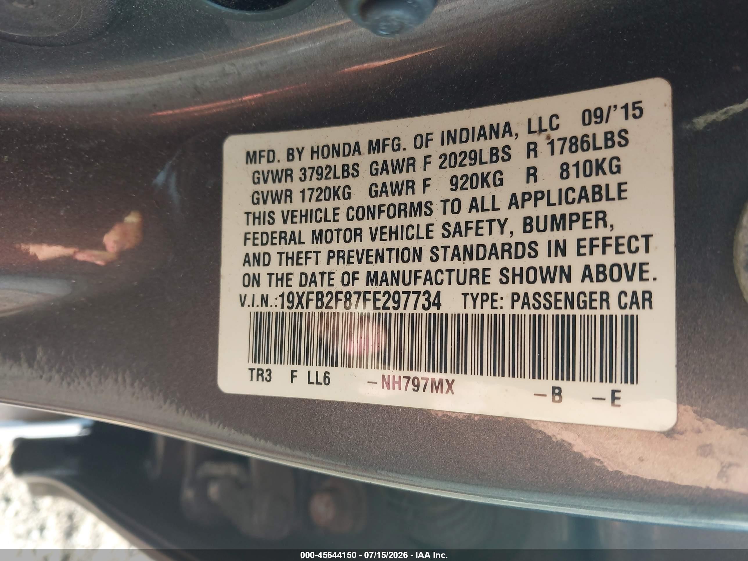 2015 Honda Civic Ex Gray vin: 19XFB2F87FE297734