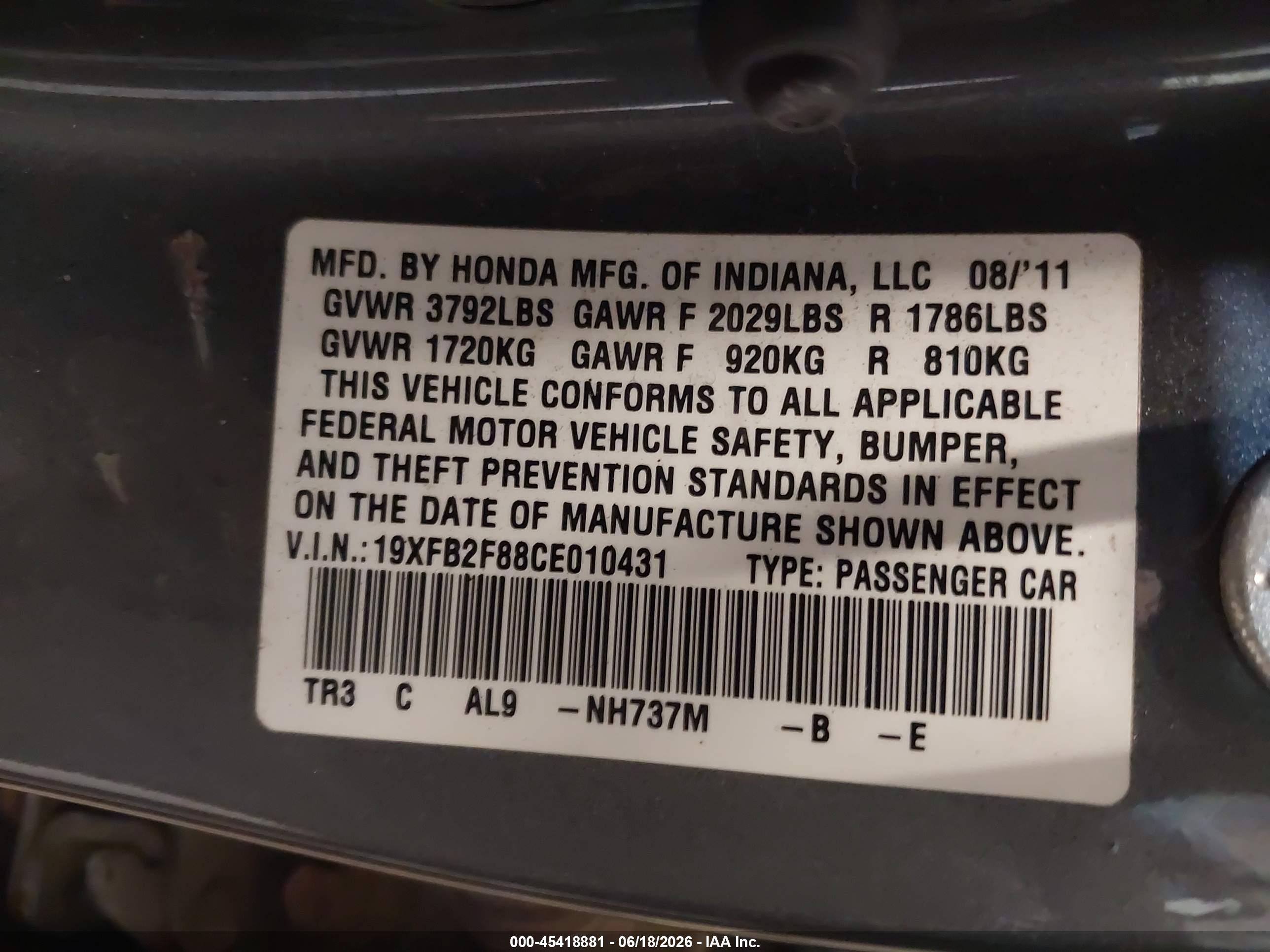 2012 Honda Civic Ex Gray vin: 19XFB2F88CE010431