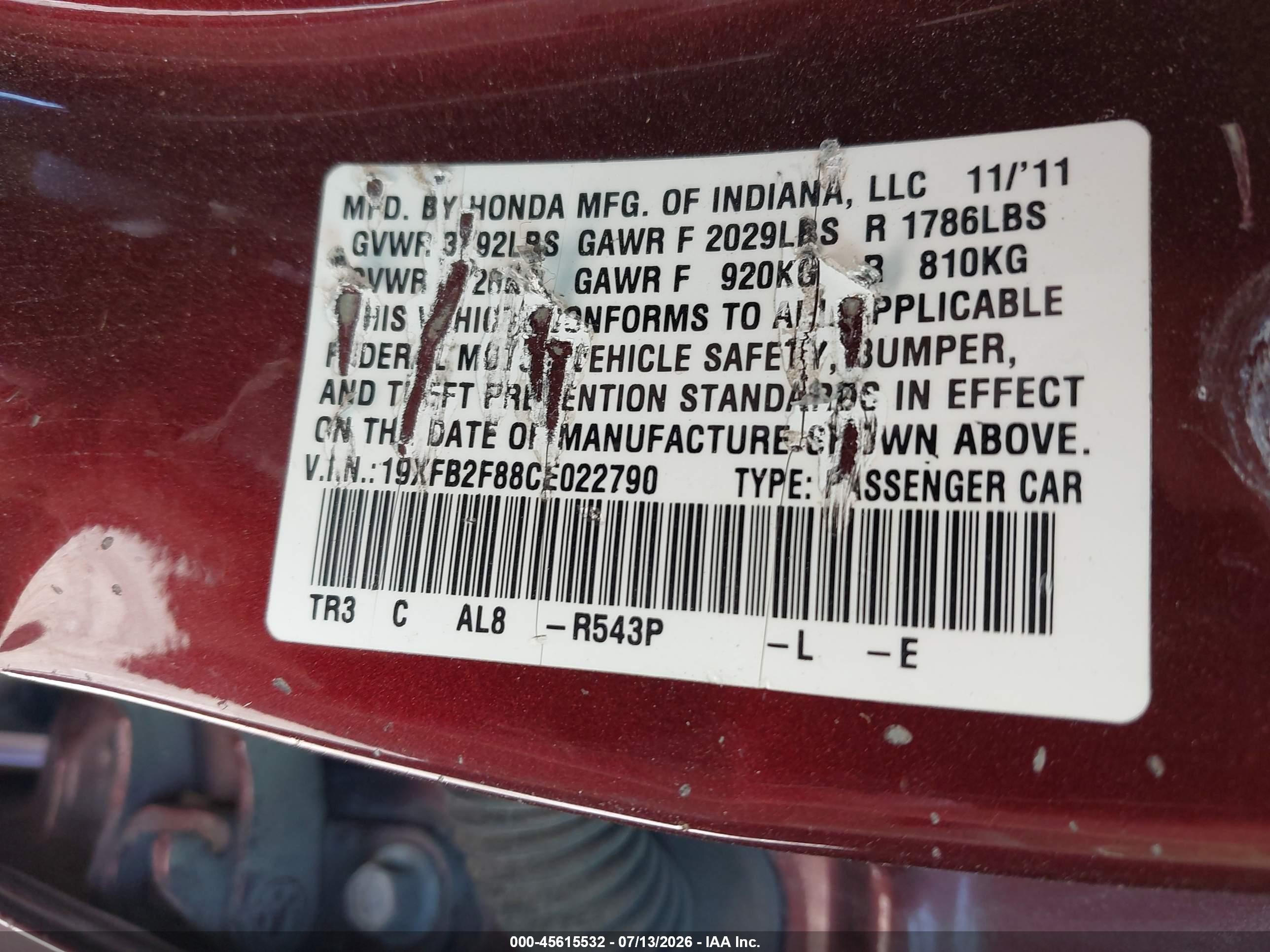 2012 Honda Civic Ex Red vin: 19XFB2F88CE022790