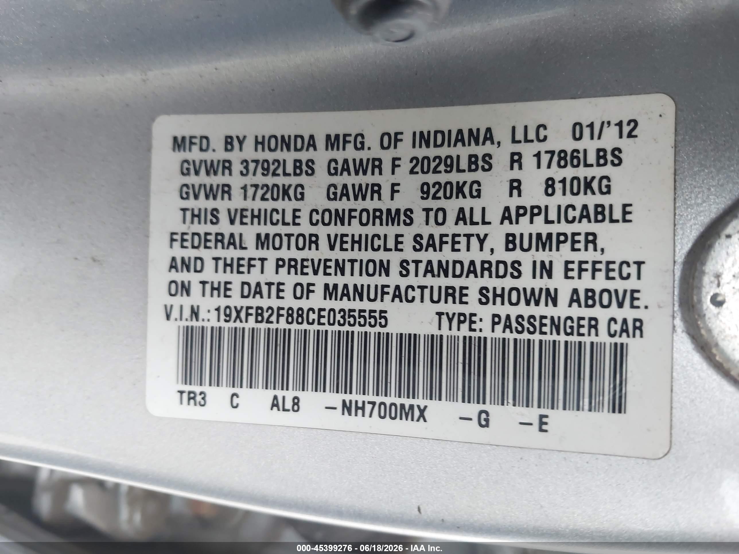 2012 Honda Civic Ex Silver vin: 19XFB2F88CE035555