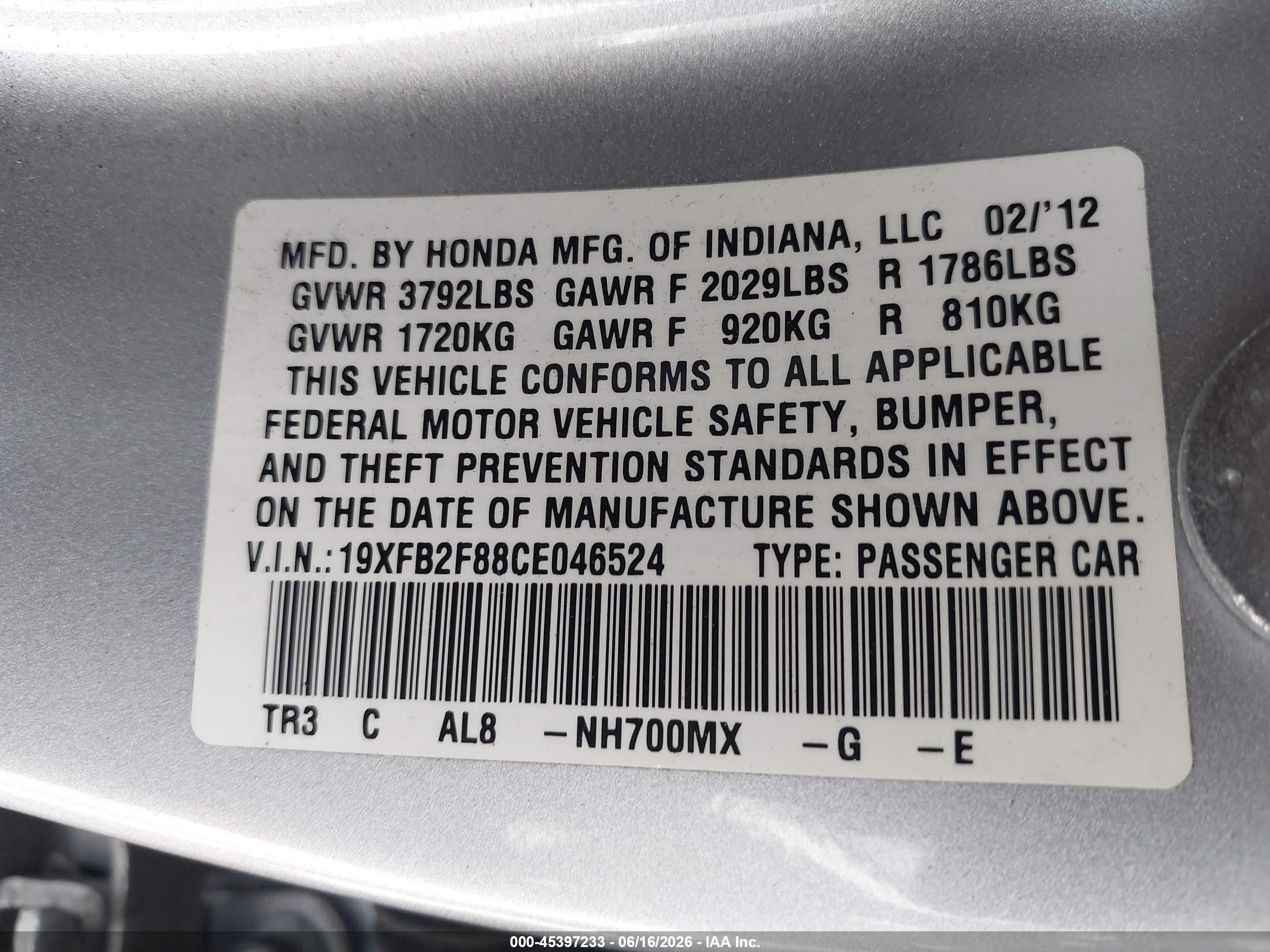 2012 Honda Civic Ex Silver vin: 19XFB2F88CE046524