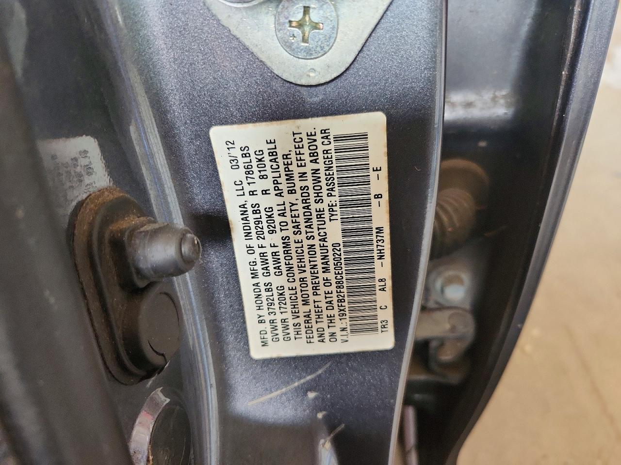 2012 Honda Civic Ex Charcoal vin: 19XFB2F88CE050220