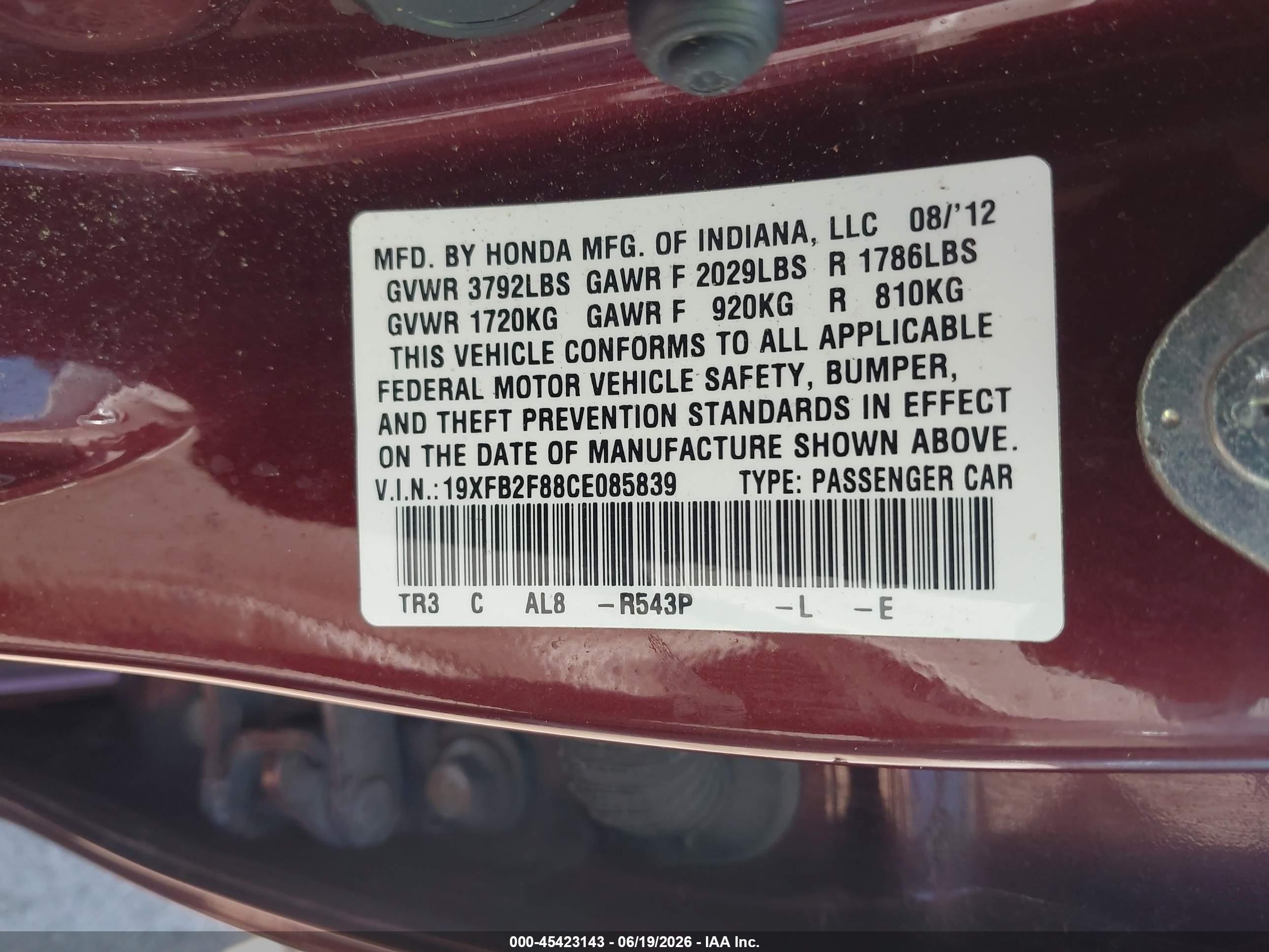 2012 Honda Civic Ex Burgundy vin: 19XFB2F88CE085839