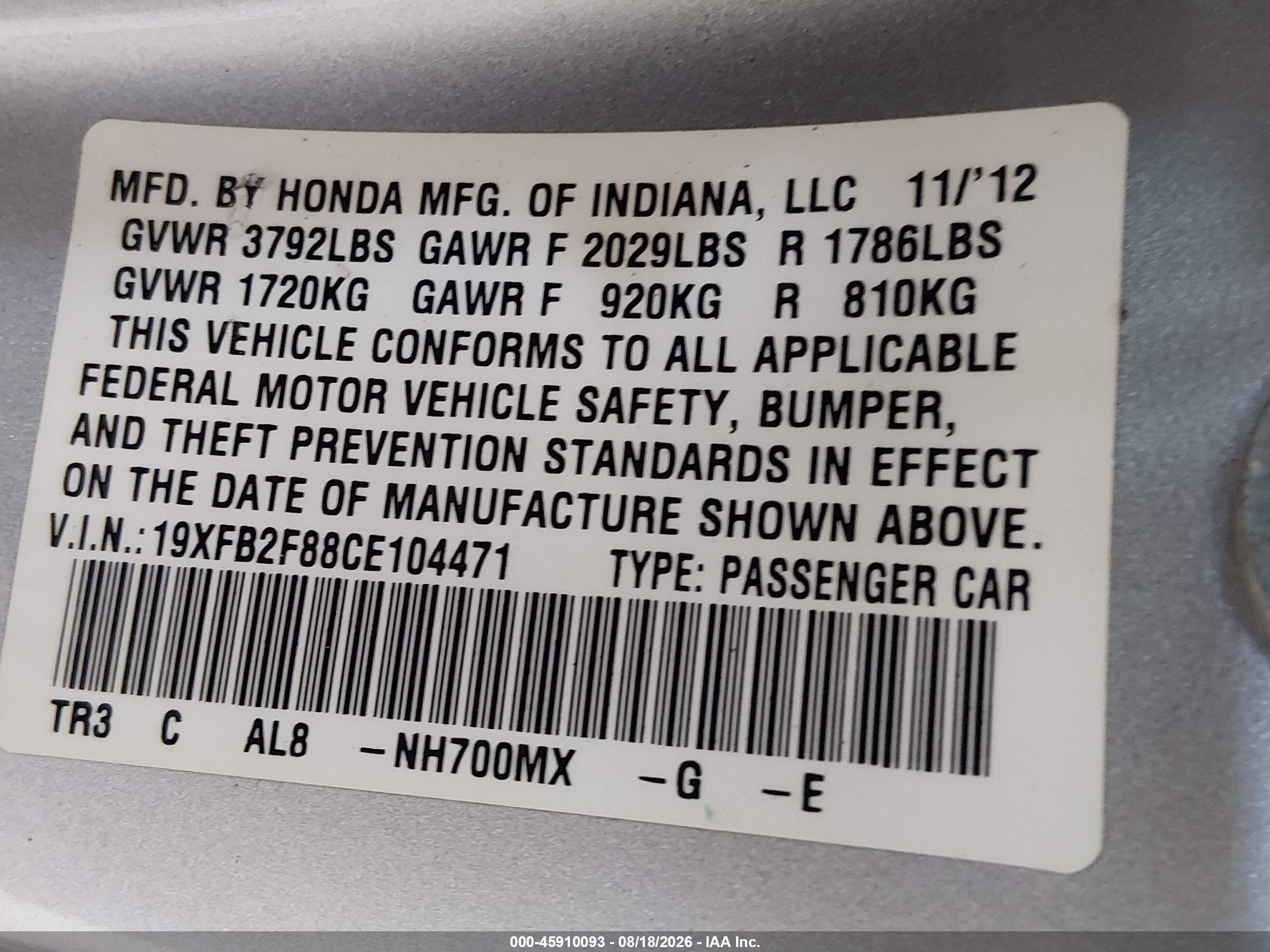 2012 Honda Civic Ex Silver vin: 19XFB2F88CE104471