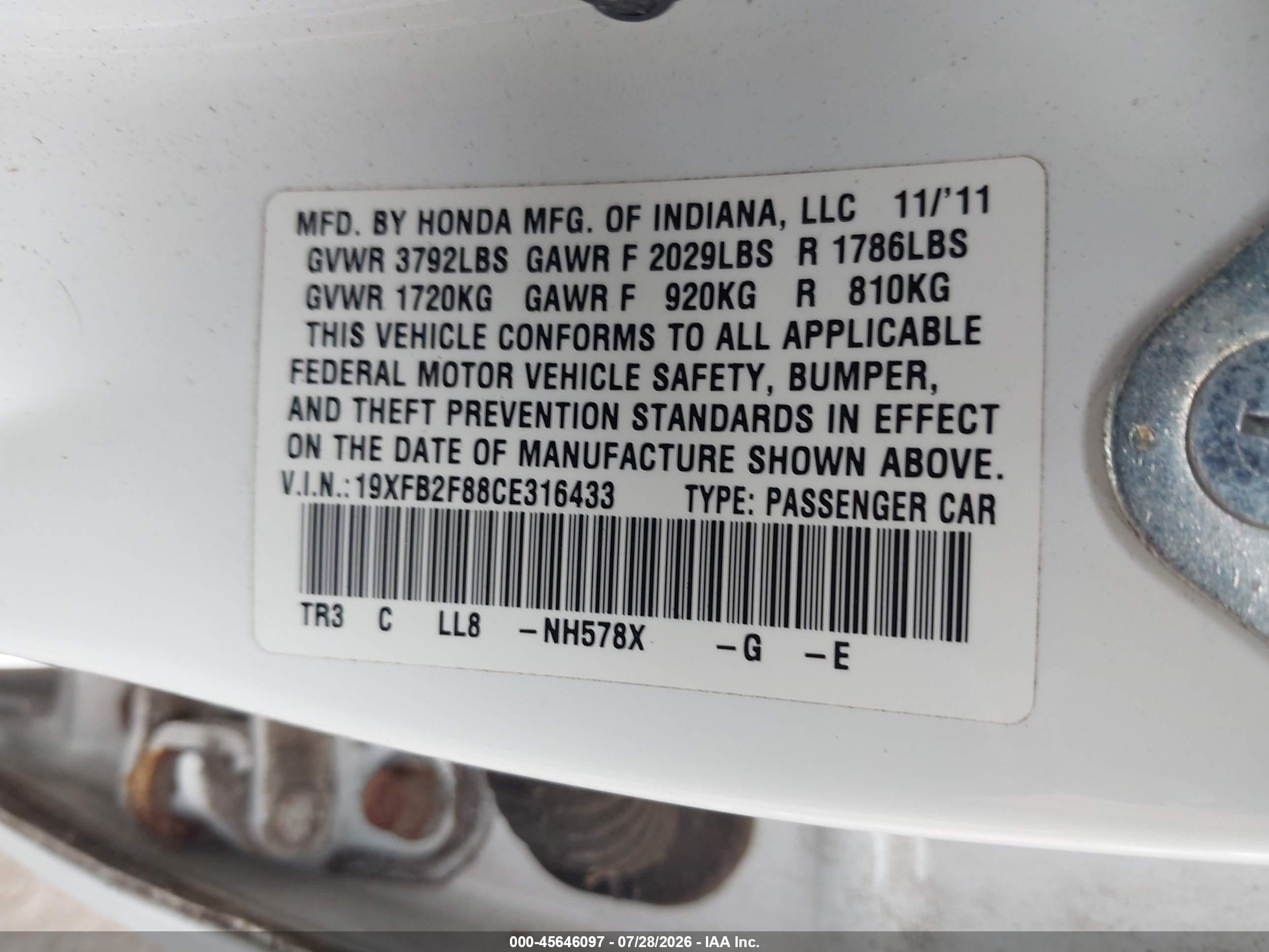 2012 Honda Civic Ex White vin: 19XFB2F88CE316433