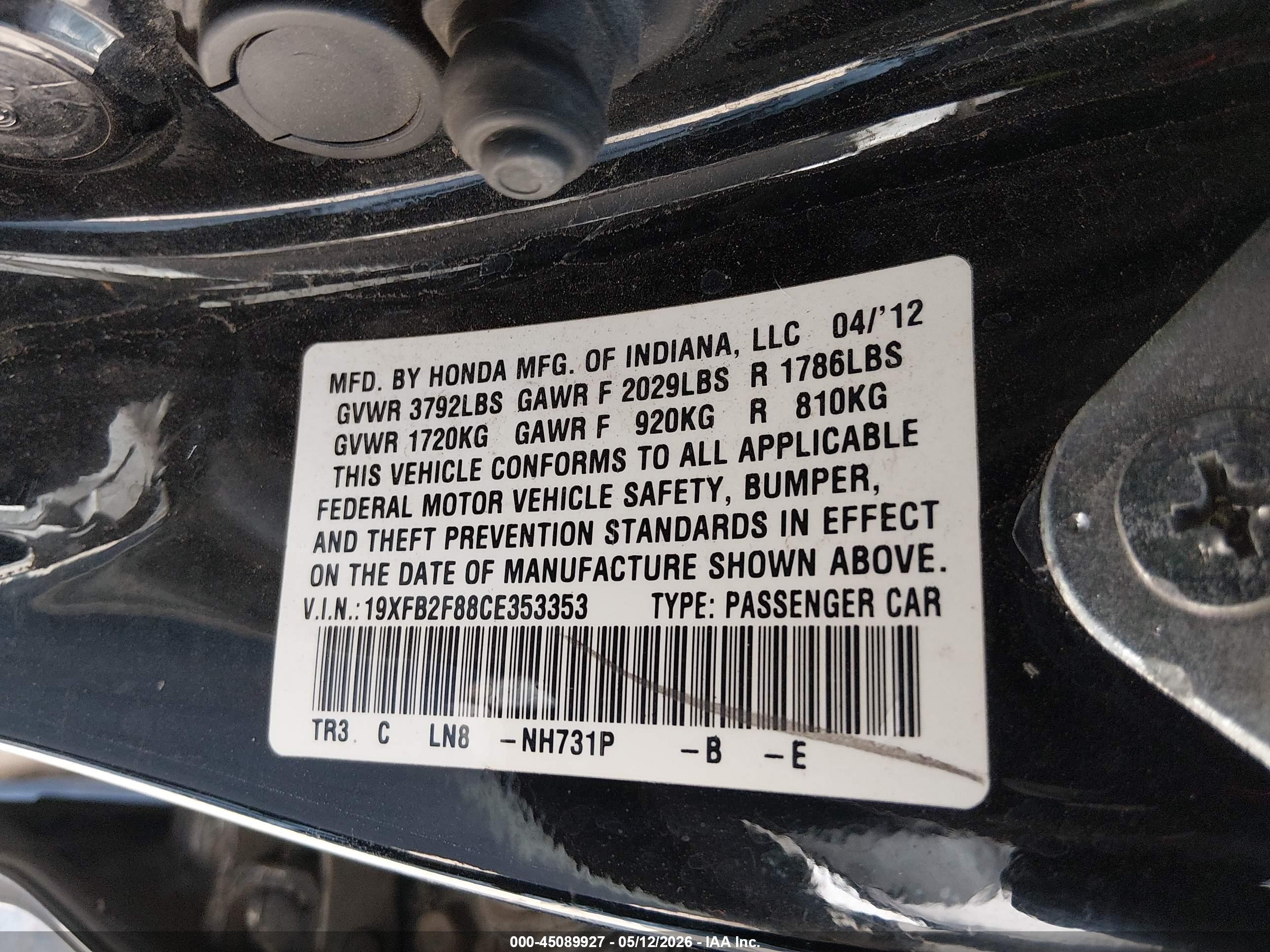 2012 Honda Civic Ex Black vin: 19XFB2F88CE353353
