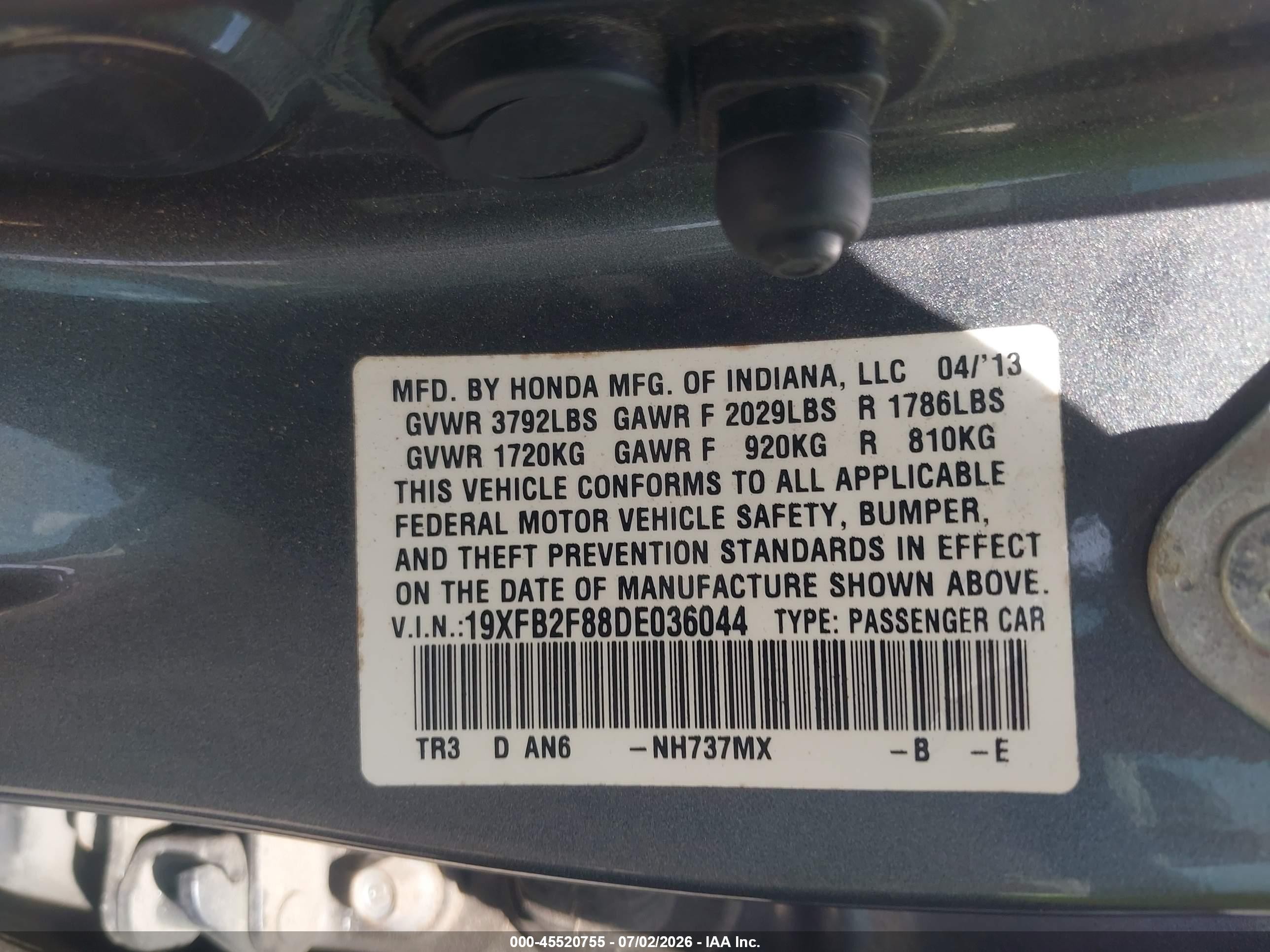 2013 Honda Civic Ex Gray vin: 19XFB2F88DE036044