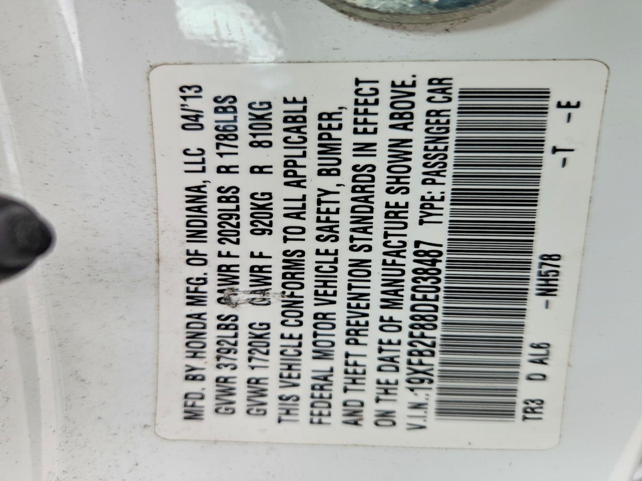 2013 Honda Civic Ex White vin: 19XFB2F88DE038487