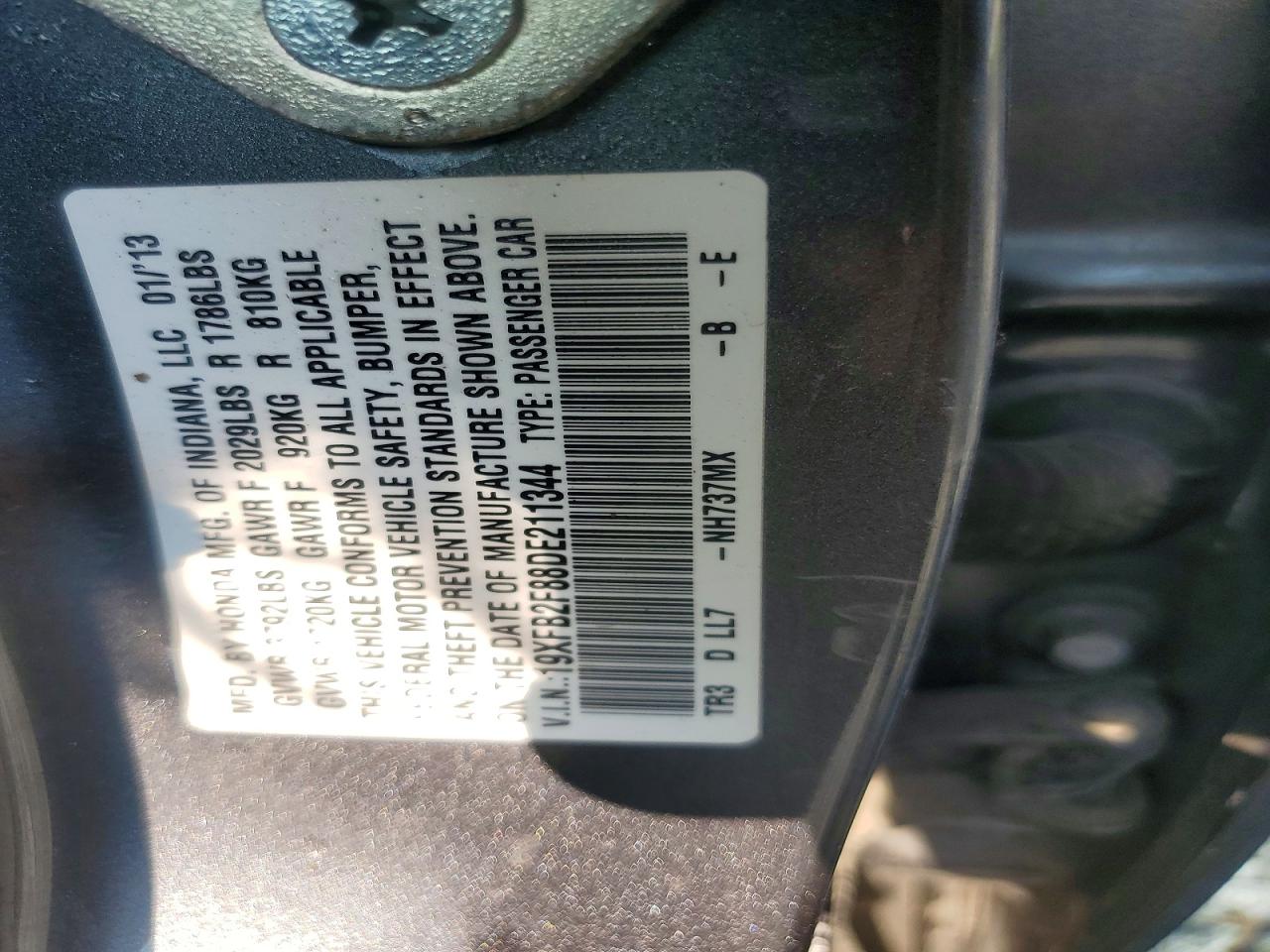2013 Honda Civic Ex Charcoal vin: 19XFB2F88DE211344