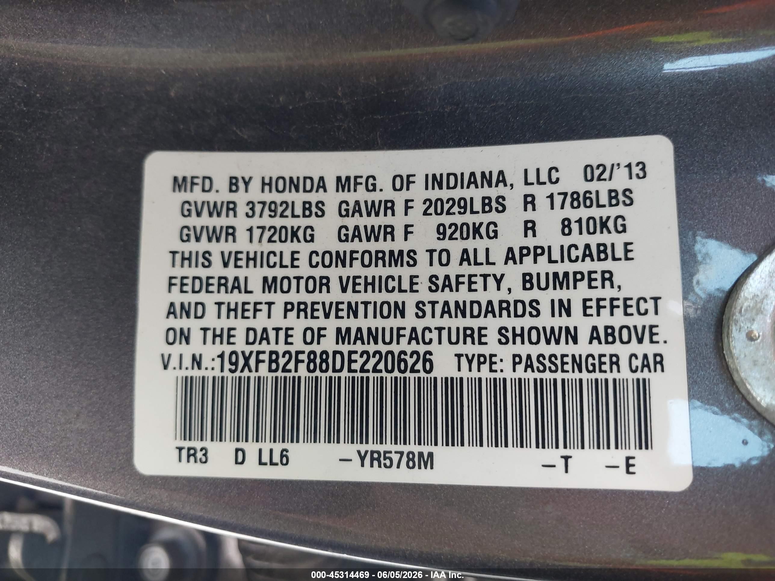 2013 Honda Civic Ex Gray vin: 19XFB2F88DE220626