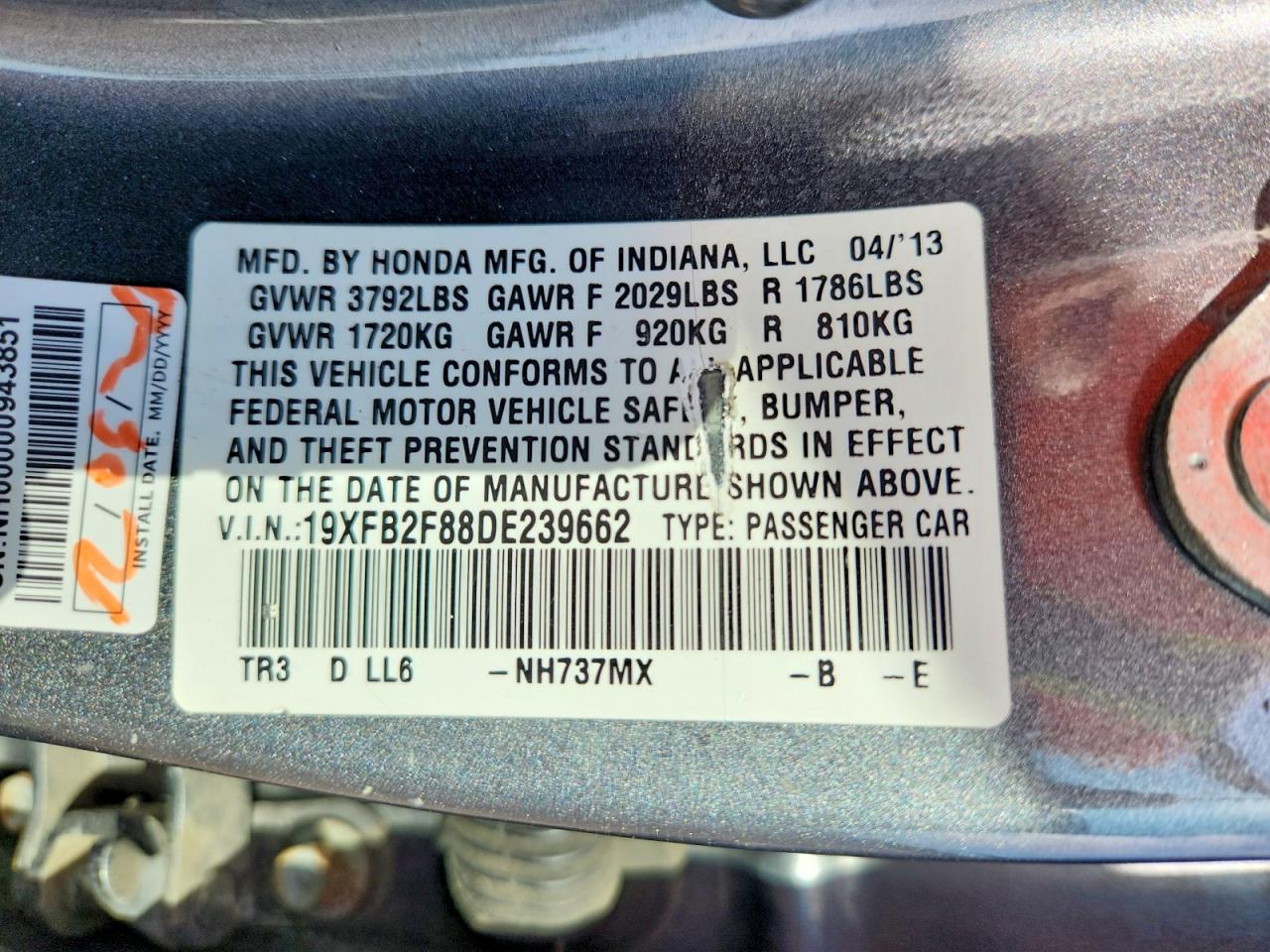 2013 Honda Civic Ex Gray vin: 19XFB2F88DE239662