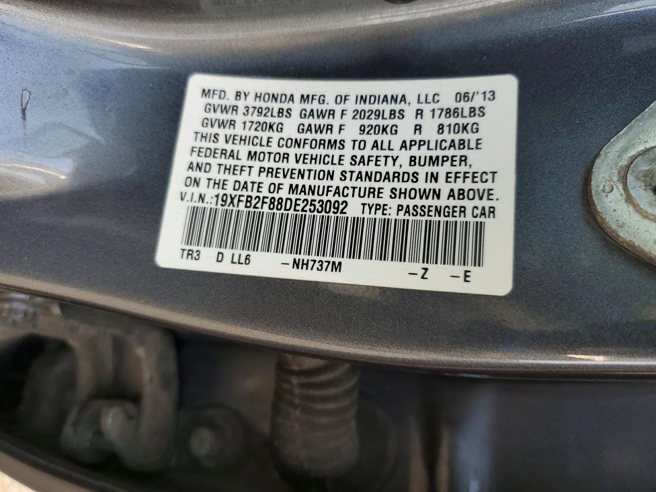2013 Honda Civic Ex Серый vin: 19XFB2F88DE253092
