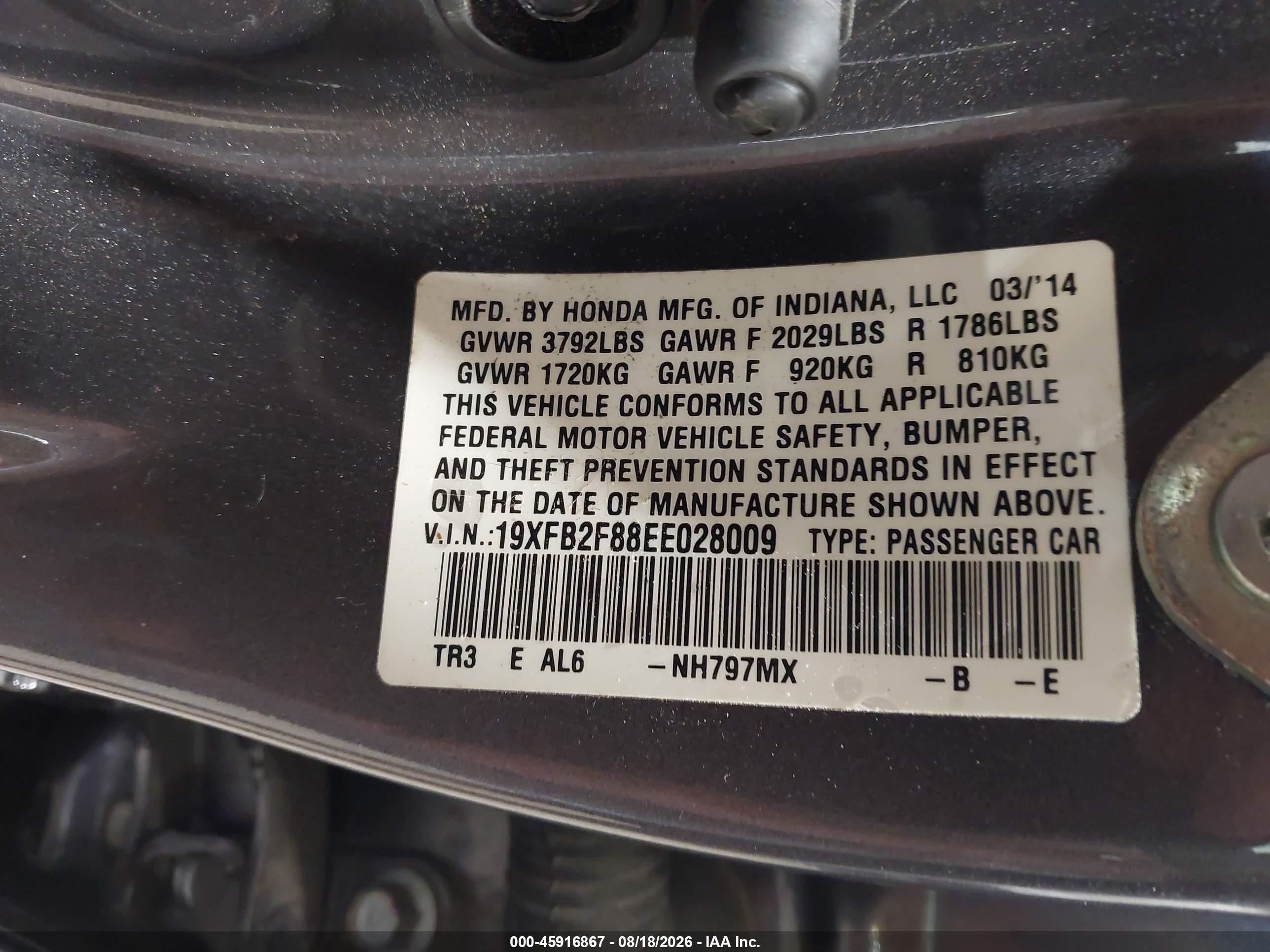2014 Honda Civic Ex Gray vin: 19XFB2F88EE028009