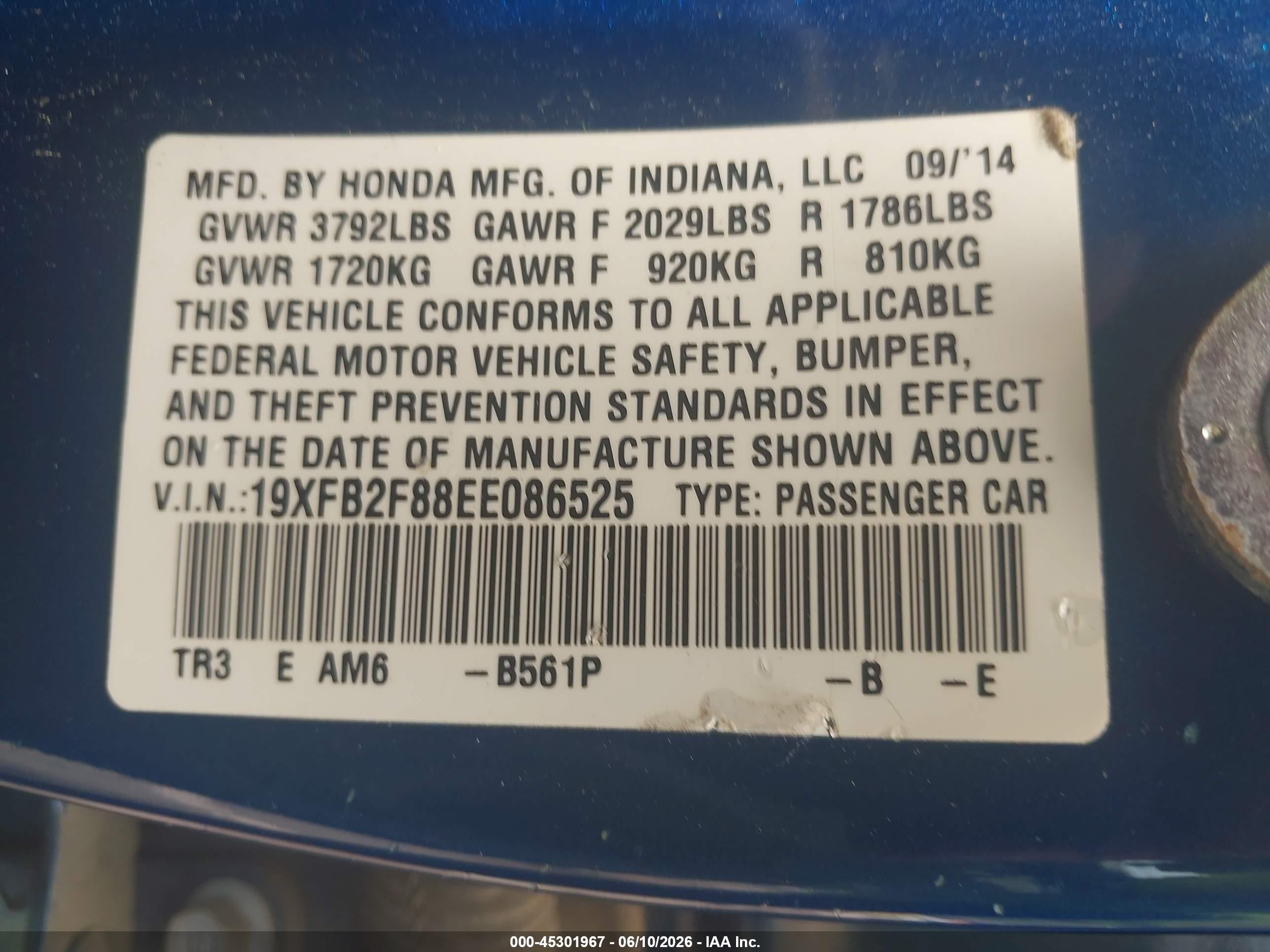 2014 Honda Civic Ex Blue vin: 19XFB2F88EE086525