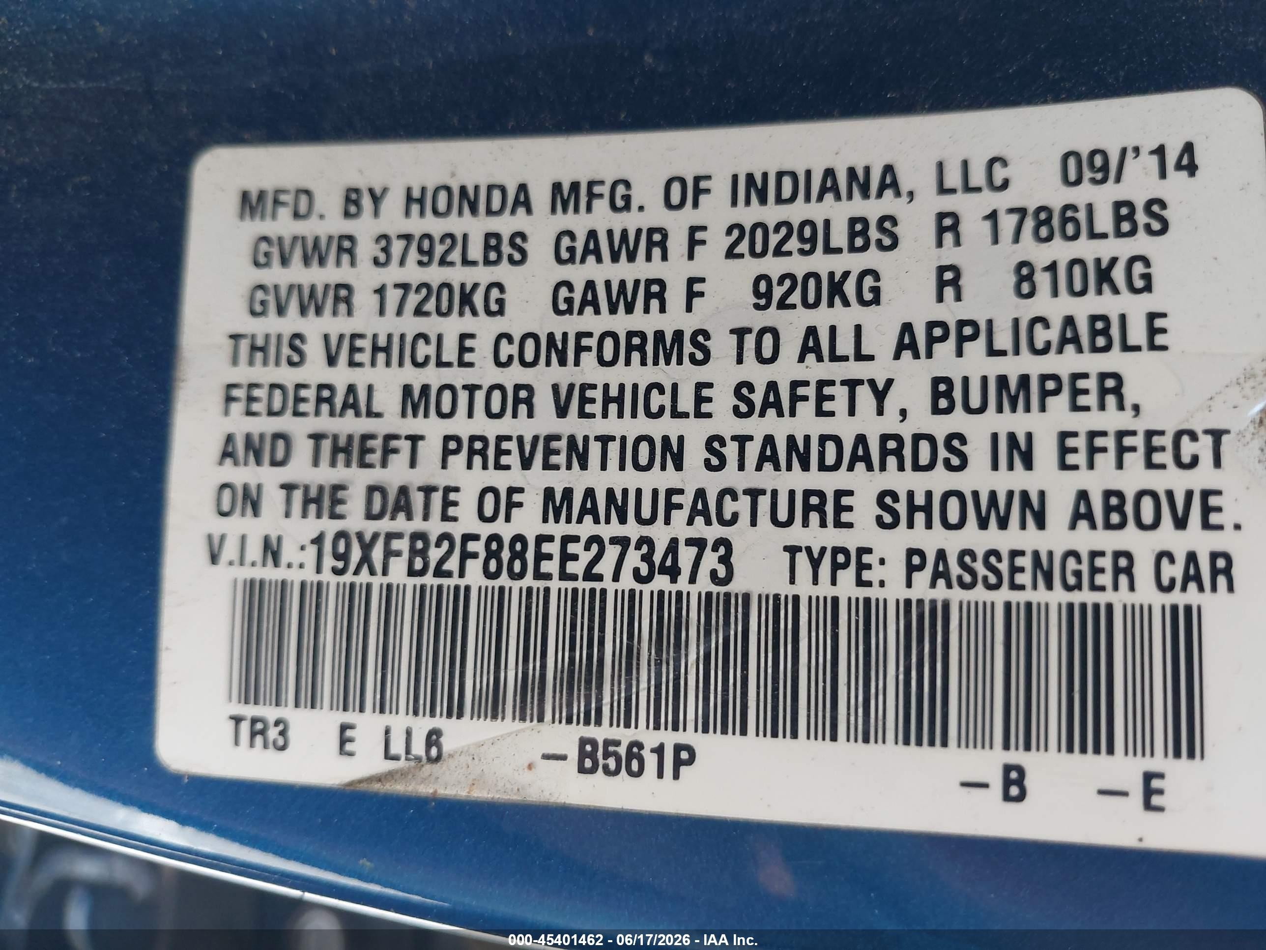 2014 Honda Civic Ex Blue vin: 19XFB2F88EE273473