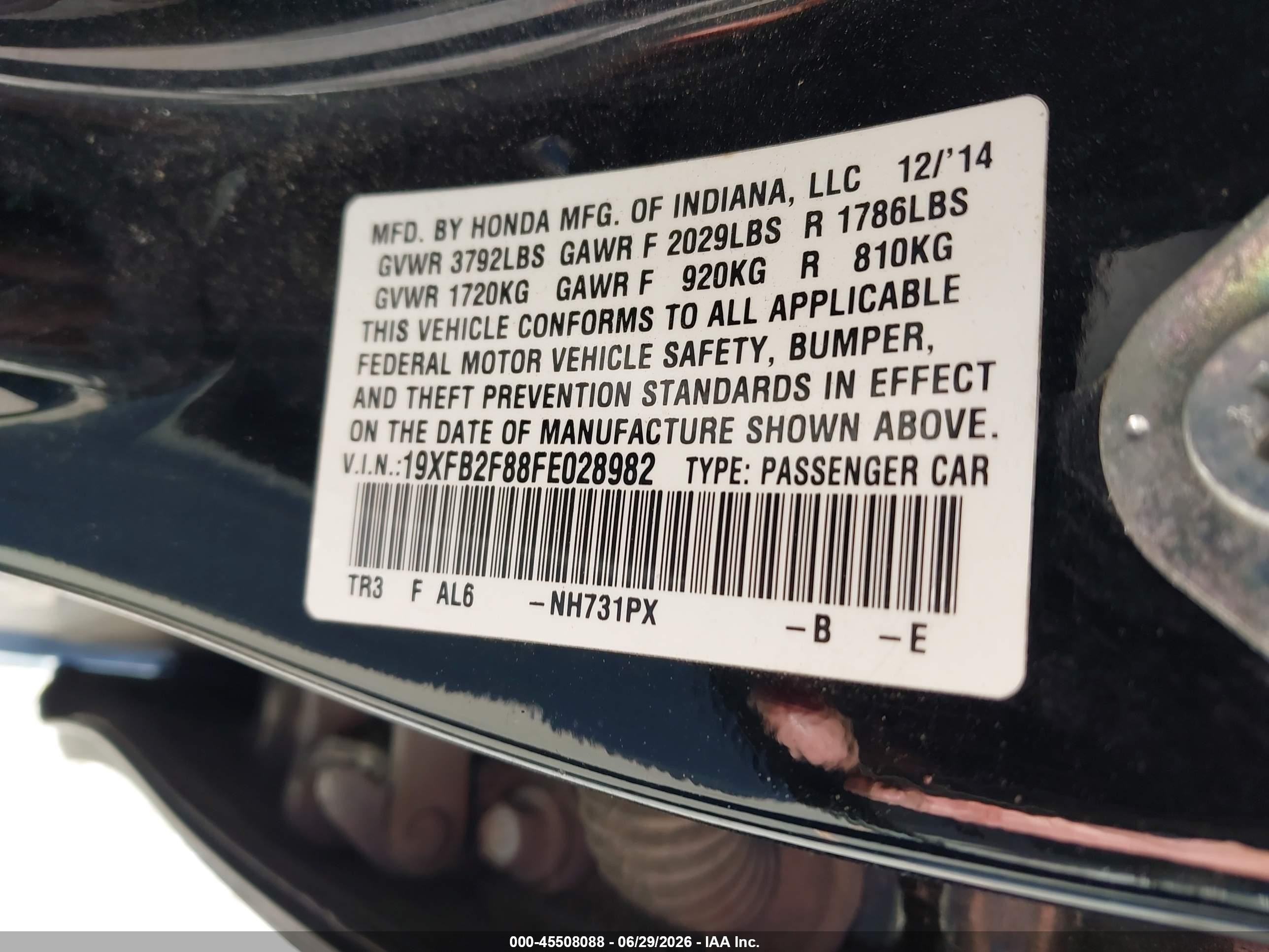2015 Honda Civic Ex Black vin: 19XFB2F88FE028982