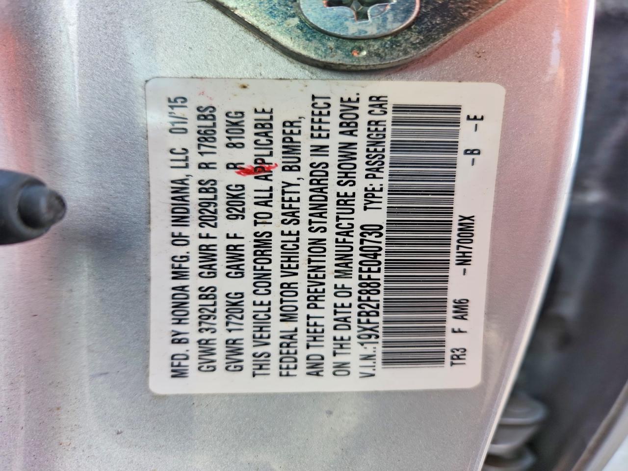 2015 Honda Civic Ex Серебряный vin: 19XFB2F88FE040730