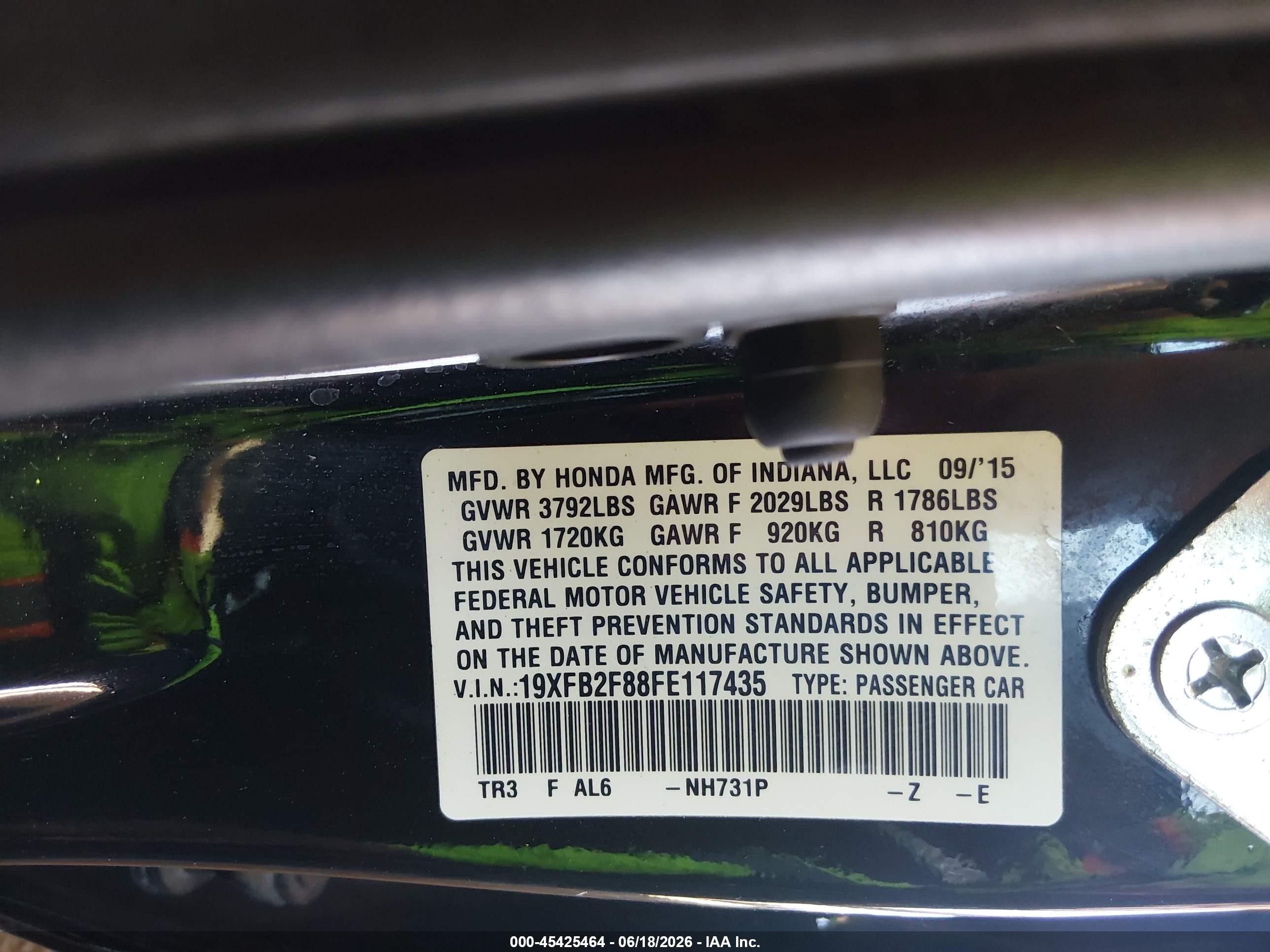 2015 Honda Civic Ex Black vin: 19XFB2F88FE117435