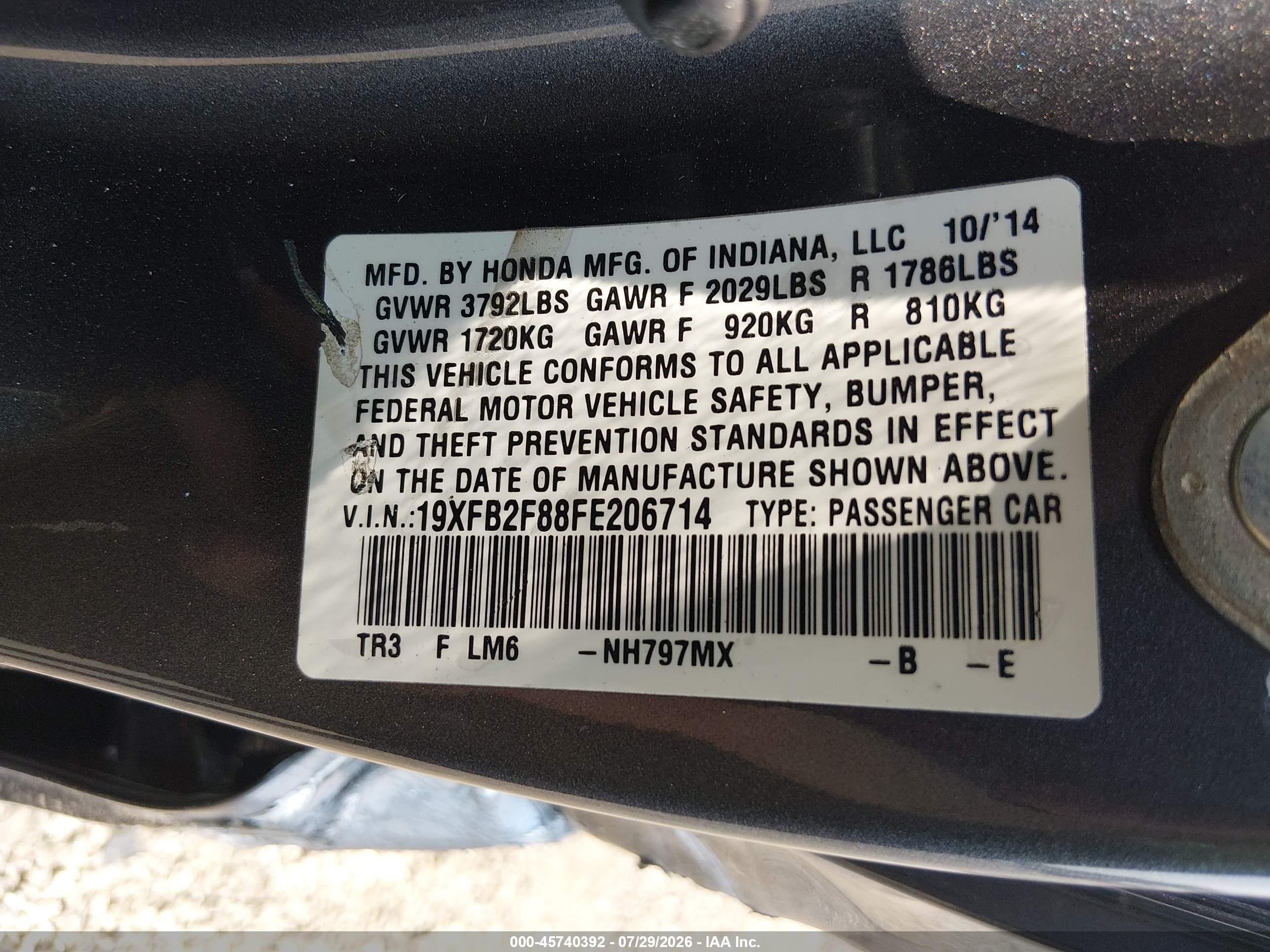 2015 Honda Civic Ex Gray vin: 19XFB2F88FE206714