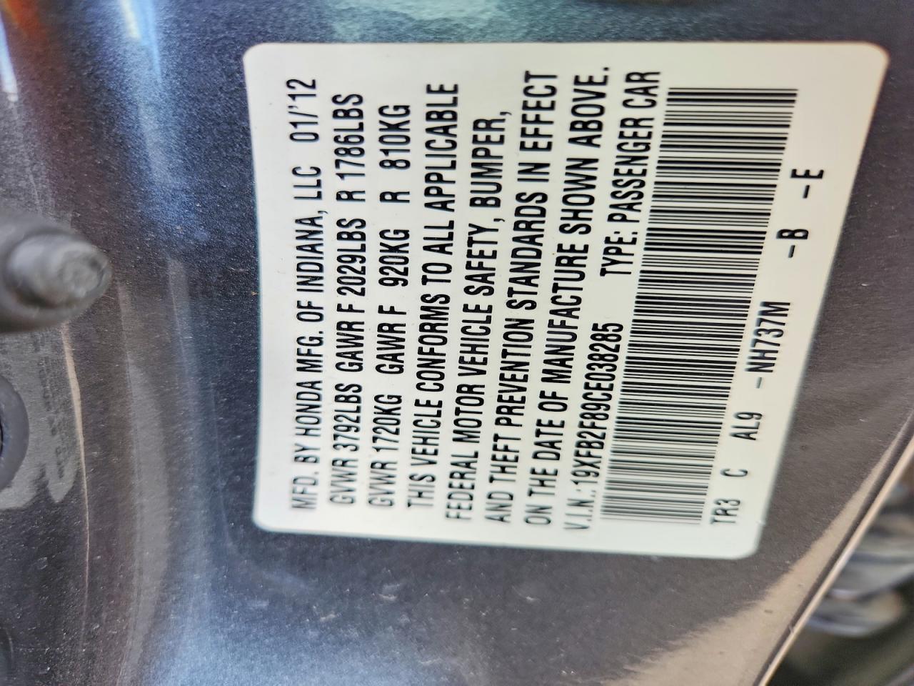2012 Honda Civic Ex Gray vin: 19XFB2F89CE038285