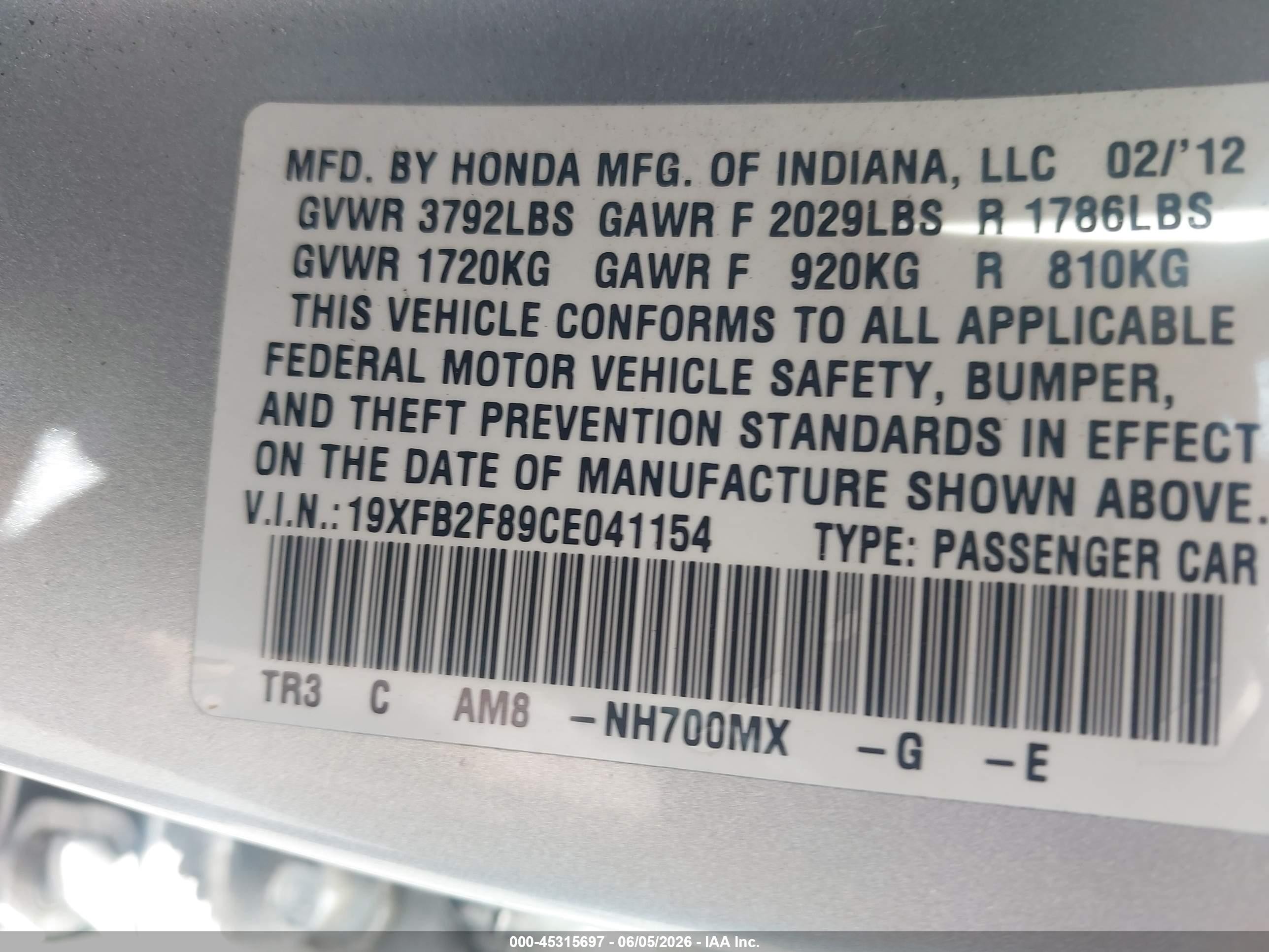 2012 Honda Civic Ex Gray vin: 19XFB2F89CE041154