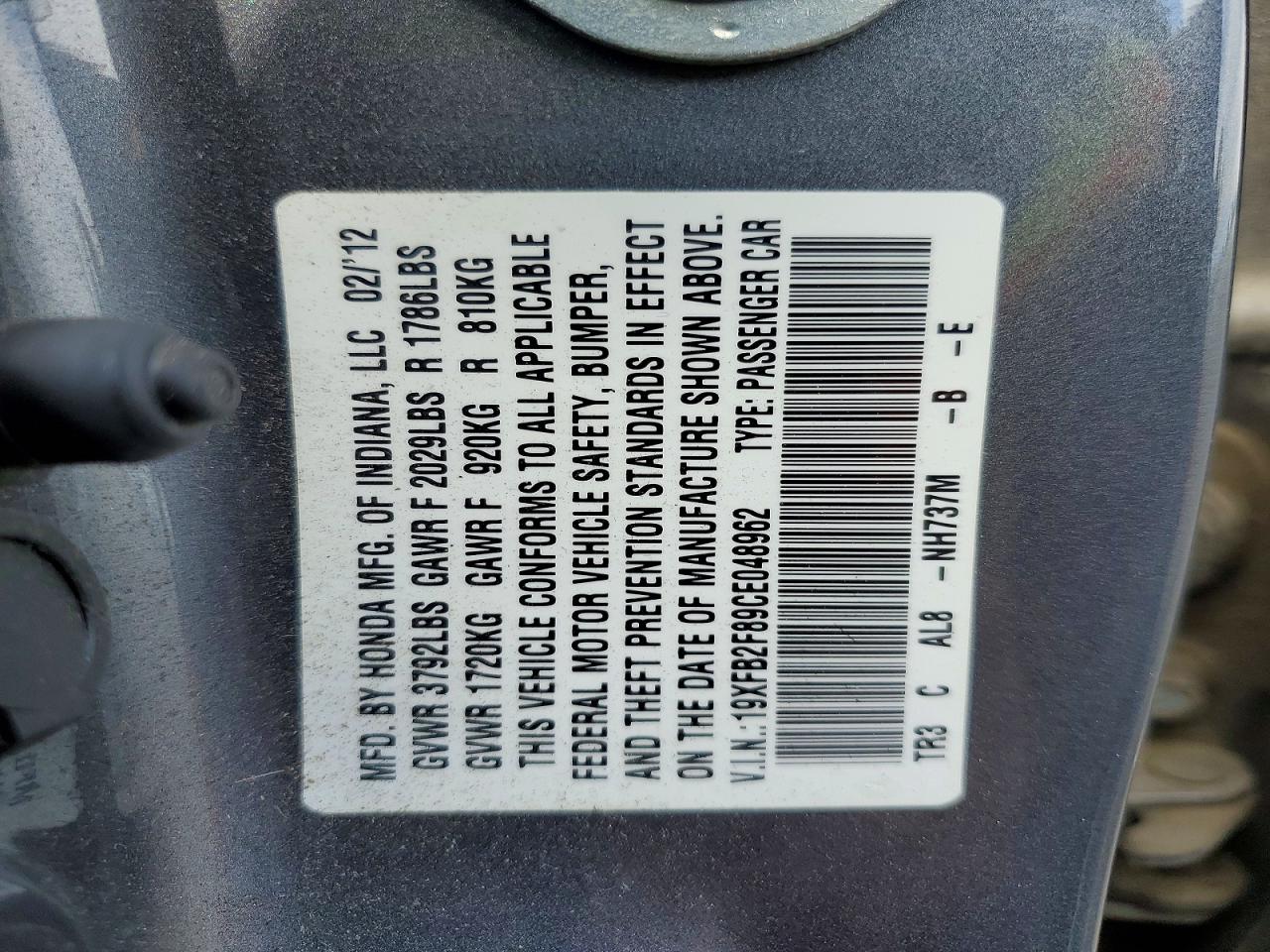 2012 Honda Civic Ex Gray vin: 19XFB2F89CE048962