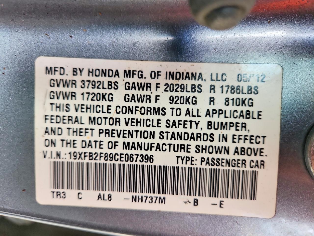 2012 Honda Civic Ex Charcoal vin: 19XFB2F89CE067396