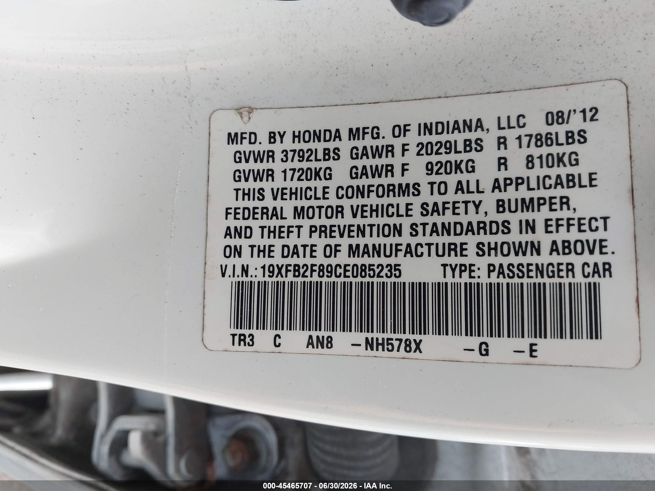 2012 Honda Civic Ex White vin: 19XFB2F89CE085235