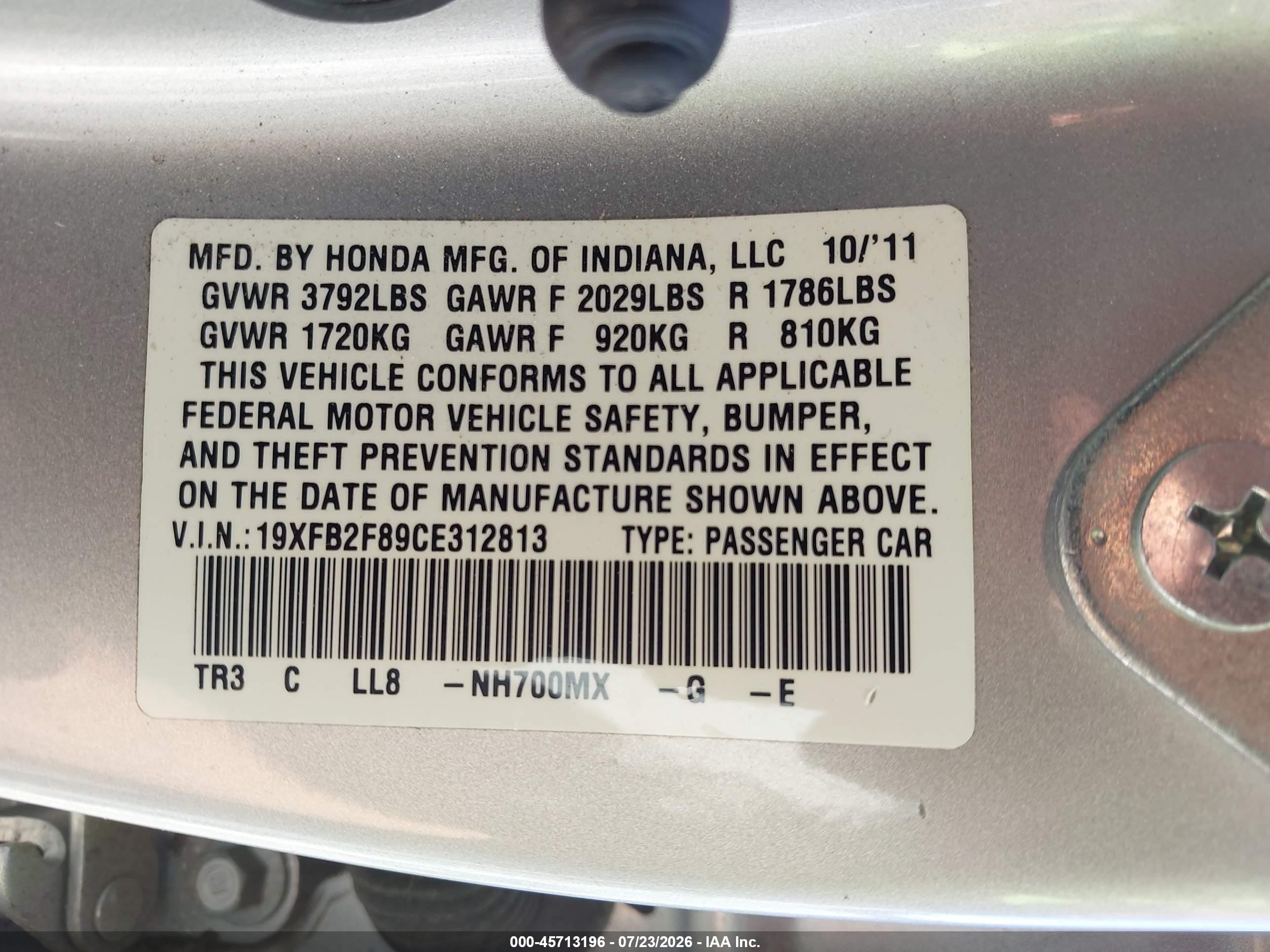 2012 Honda Civic Ex Silver vin: 19XFB2F89CE312813