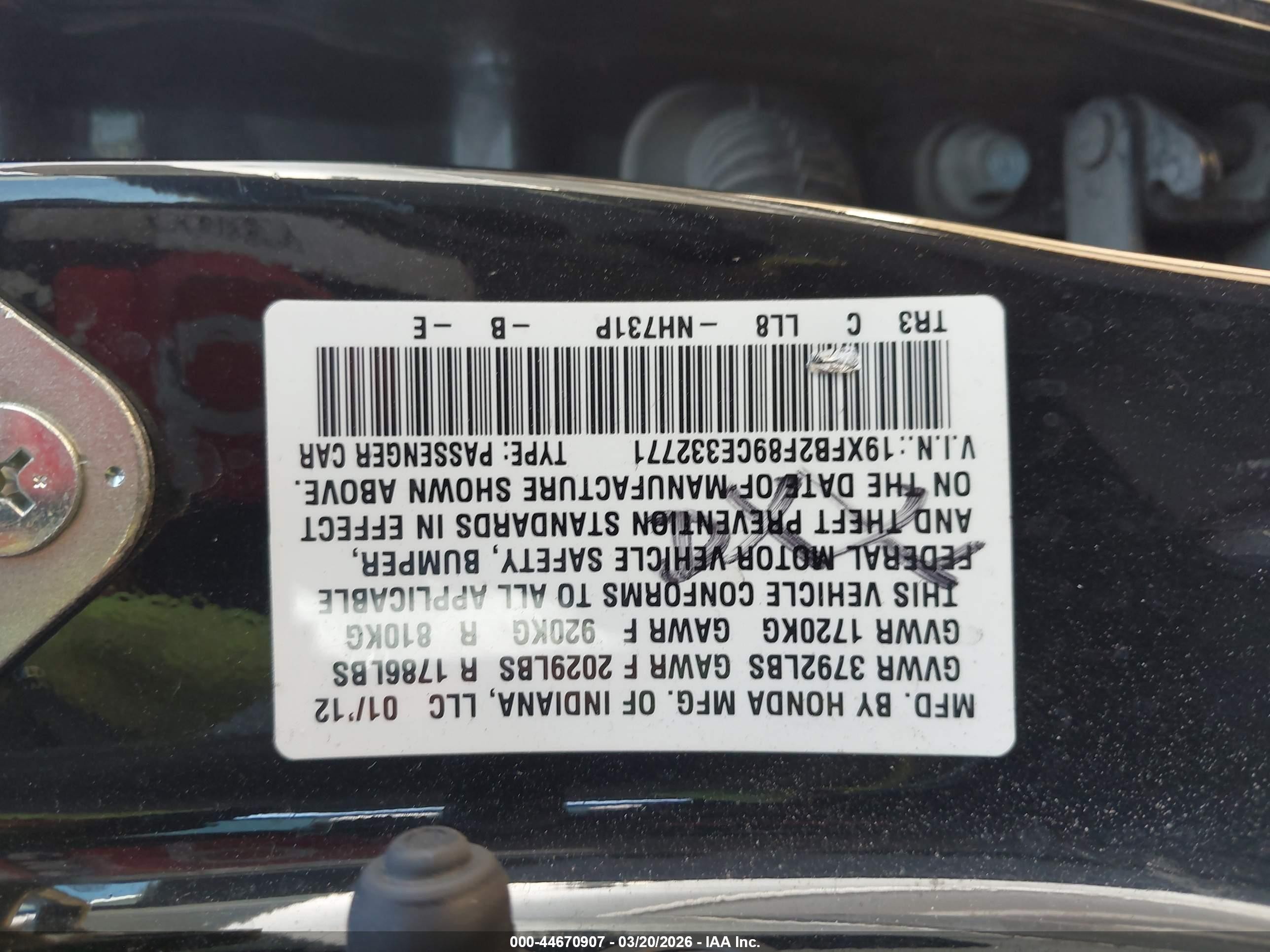 2012 Honda Civic Ex Black vin: 19XFB2F89CE332771