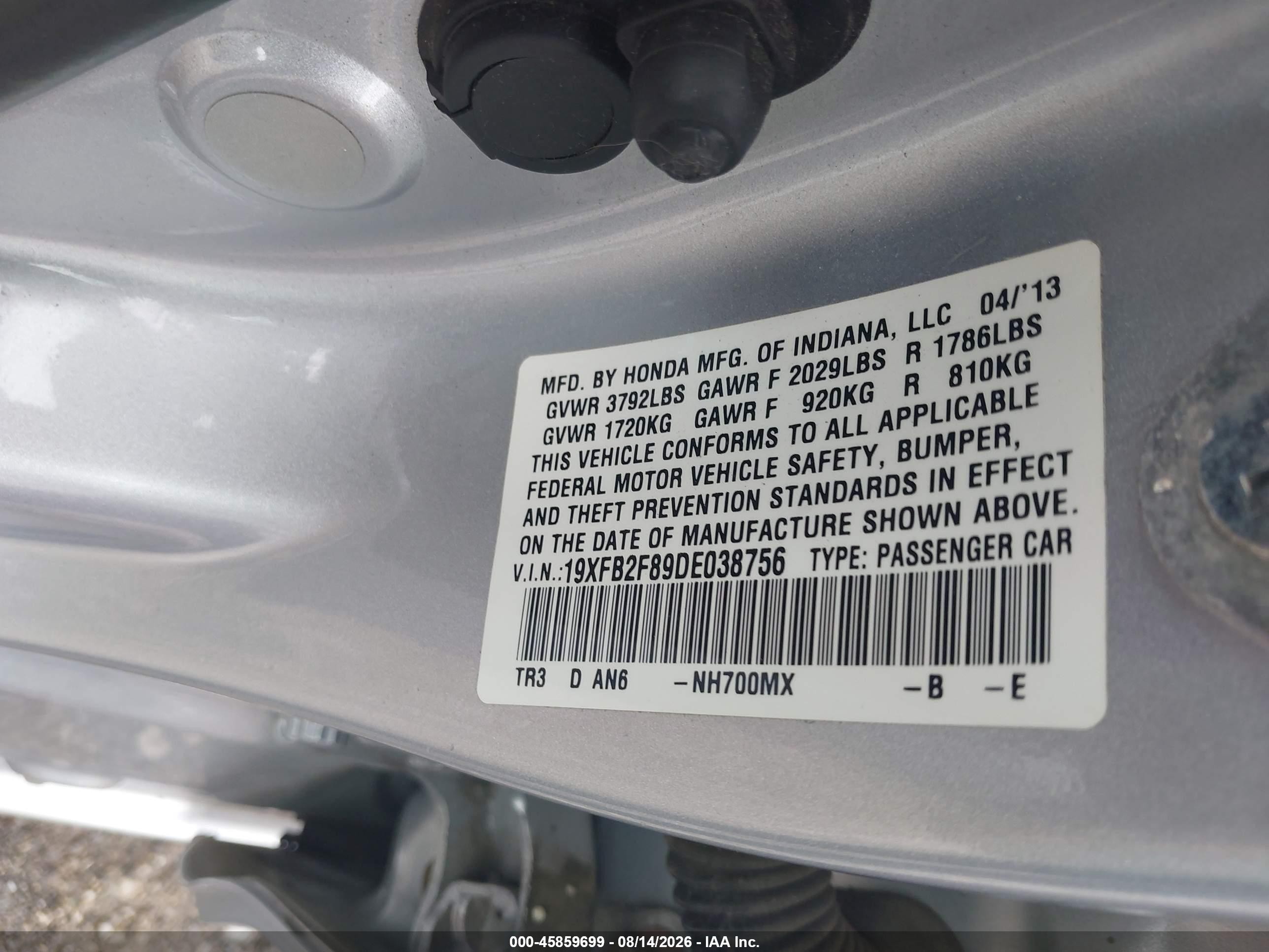 2013 Honda Civic Ex Silver vin: 19XFB2F89DE038756