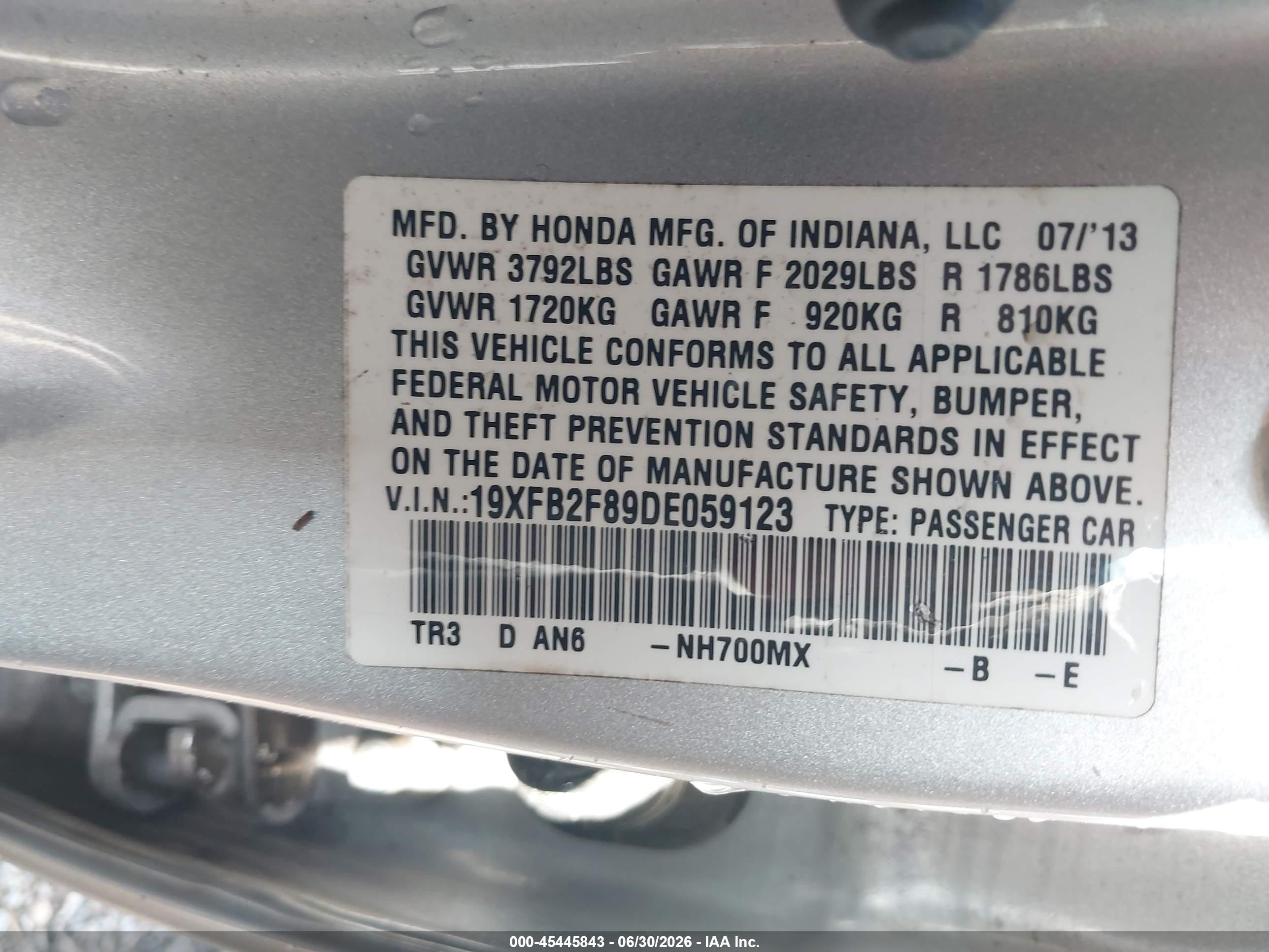 2013 Honda Civic Ex Silver vin: 19XFB2F89DE059123