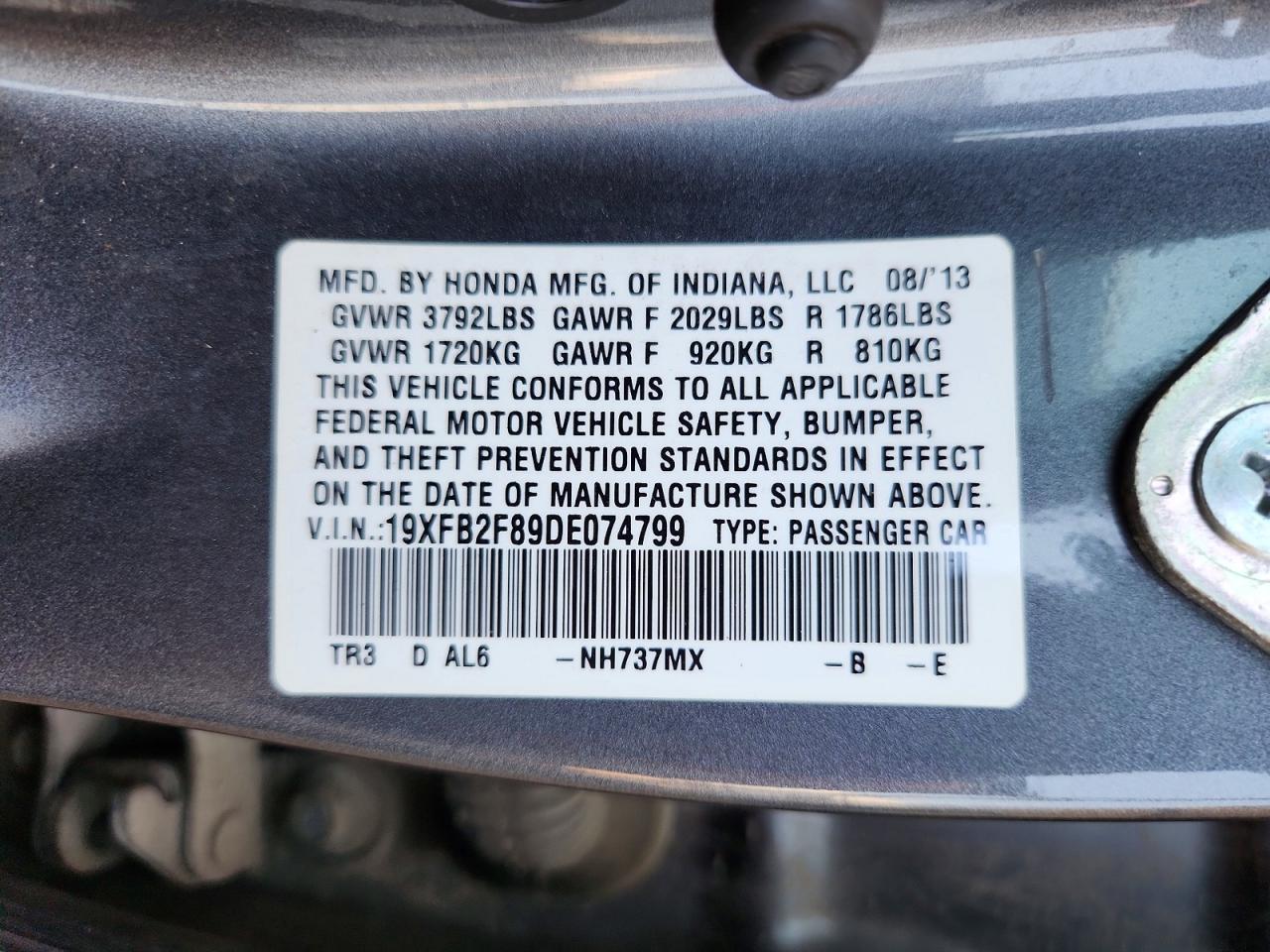 2013 Honda Civic Ex Gray vin: 19XFB2F89DE074799