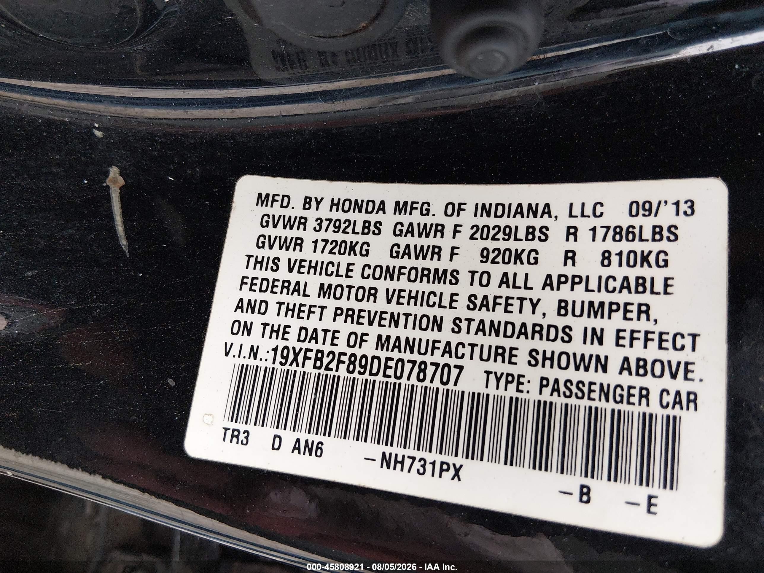 2013 Honda Civic Ex Black vin: 19XFB2F89DE078707