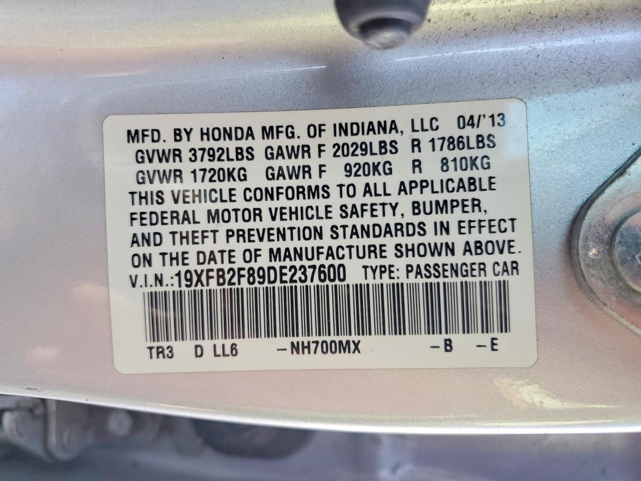 2013 Honda Civic Ex Silver vin: 19XFB2F89DE237600