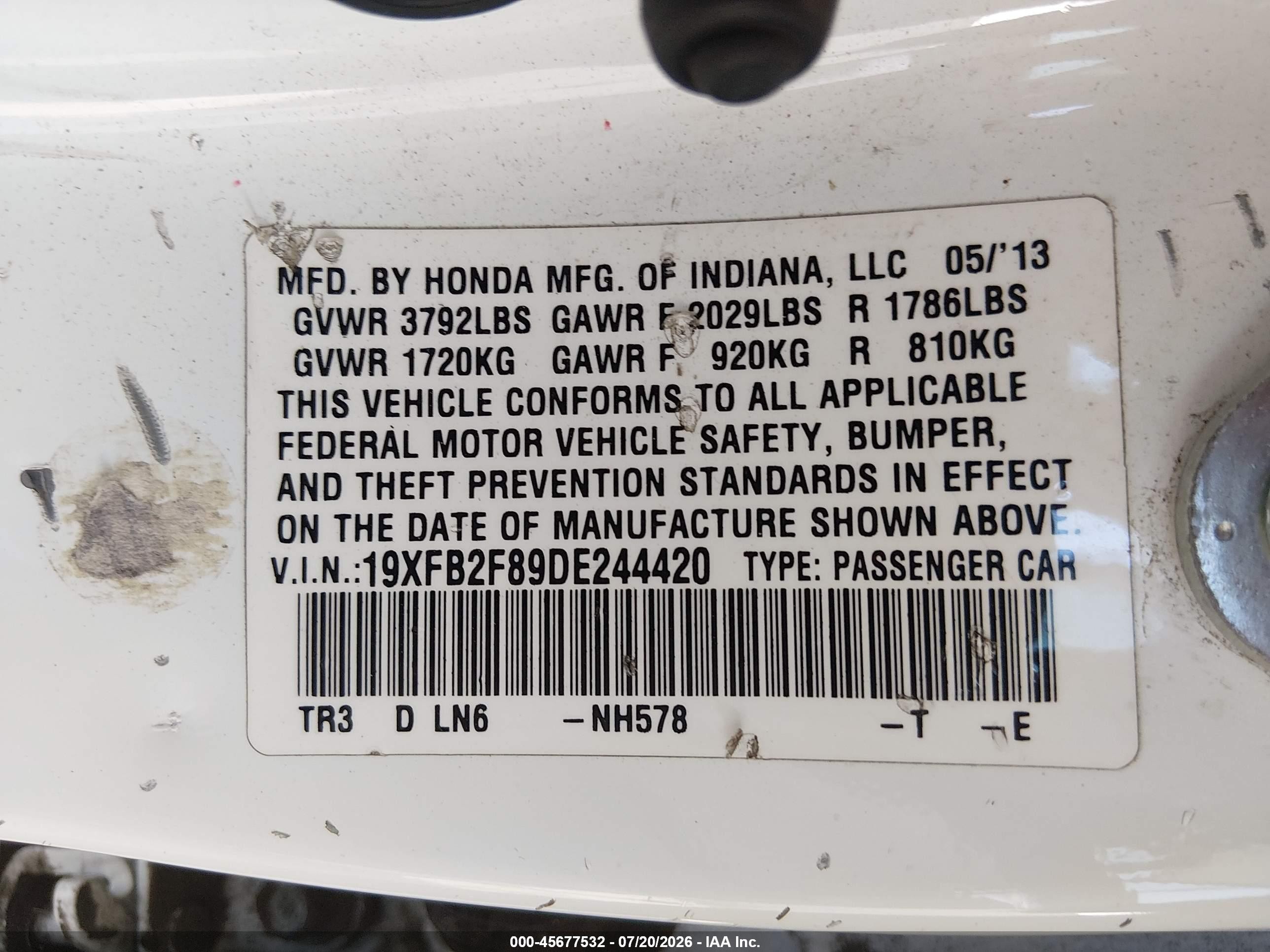 2013 Honda Civic Ex White vin: 19XFB2F89DE244420