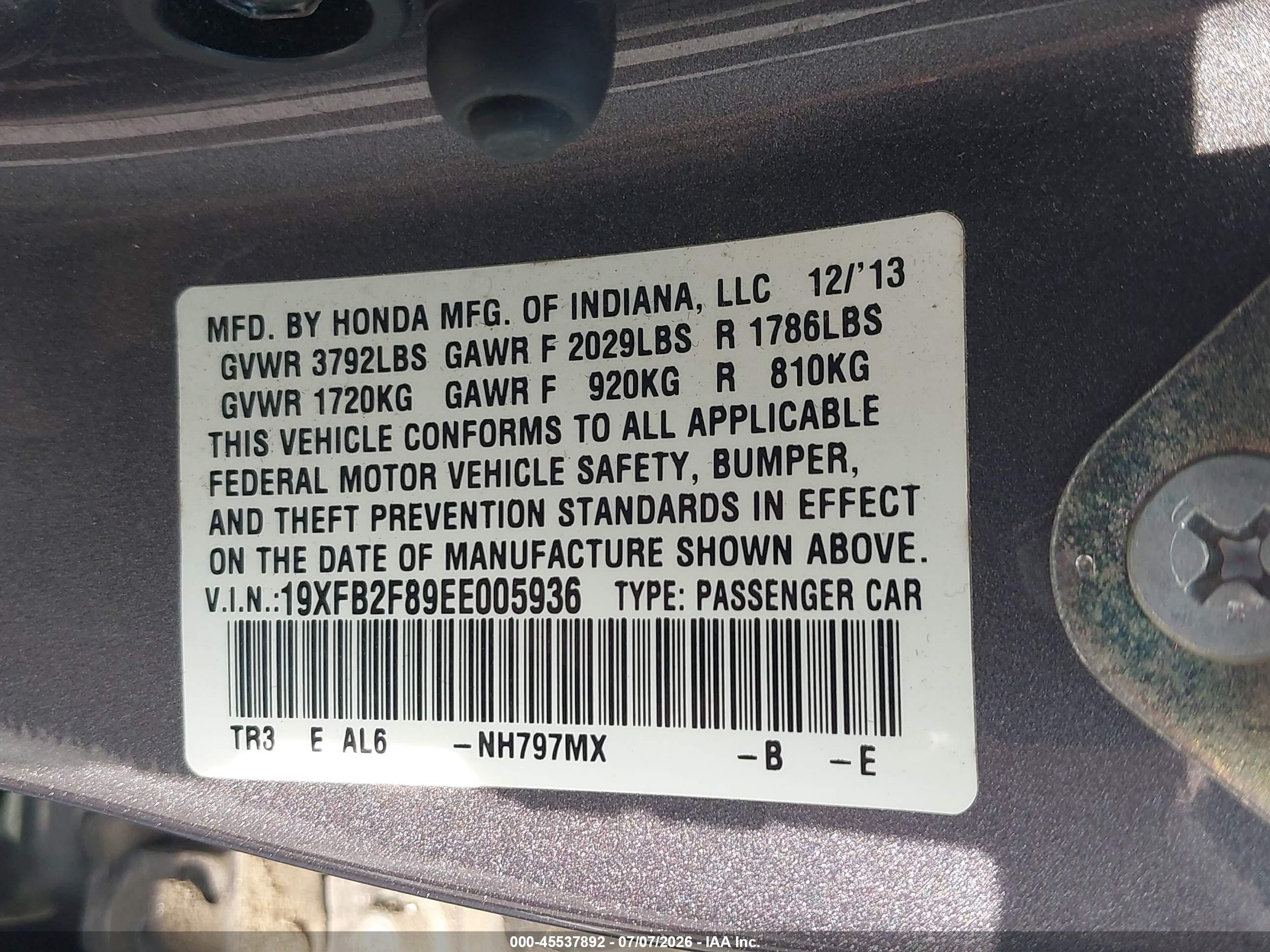 2014 Honda Civic Ex Gray vin: 19XFB2F89EE005936